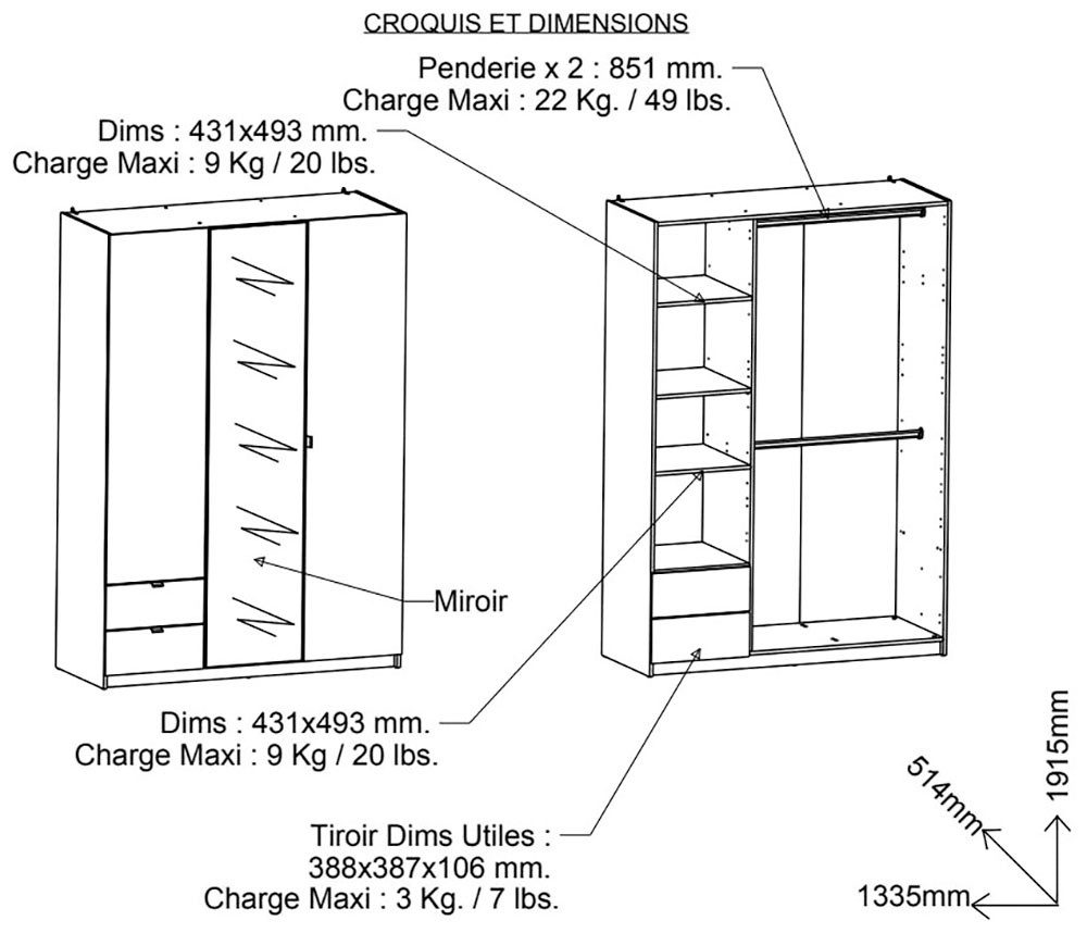 Demeyere GROUP Kledingkast Mellie, met spiegel en 2 lades, 3 planken, 2 kledingstangen