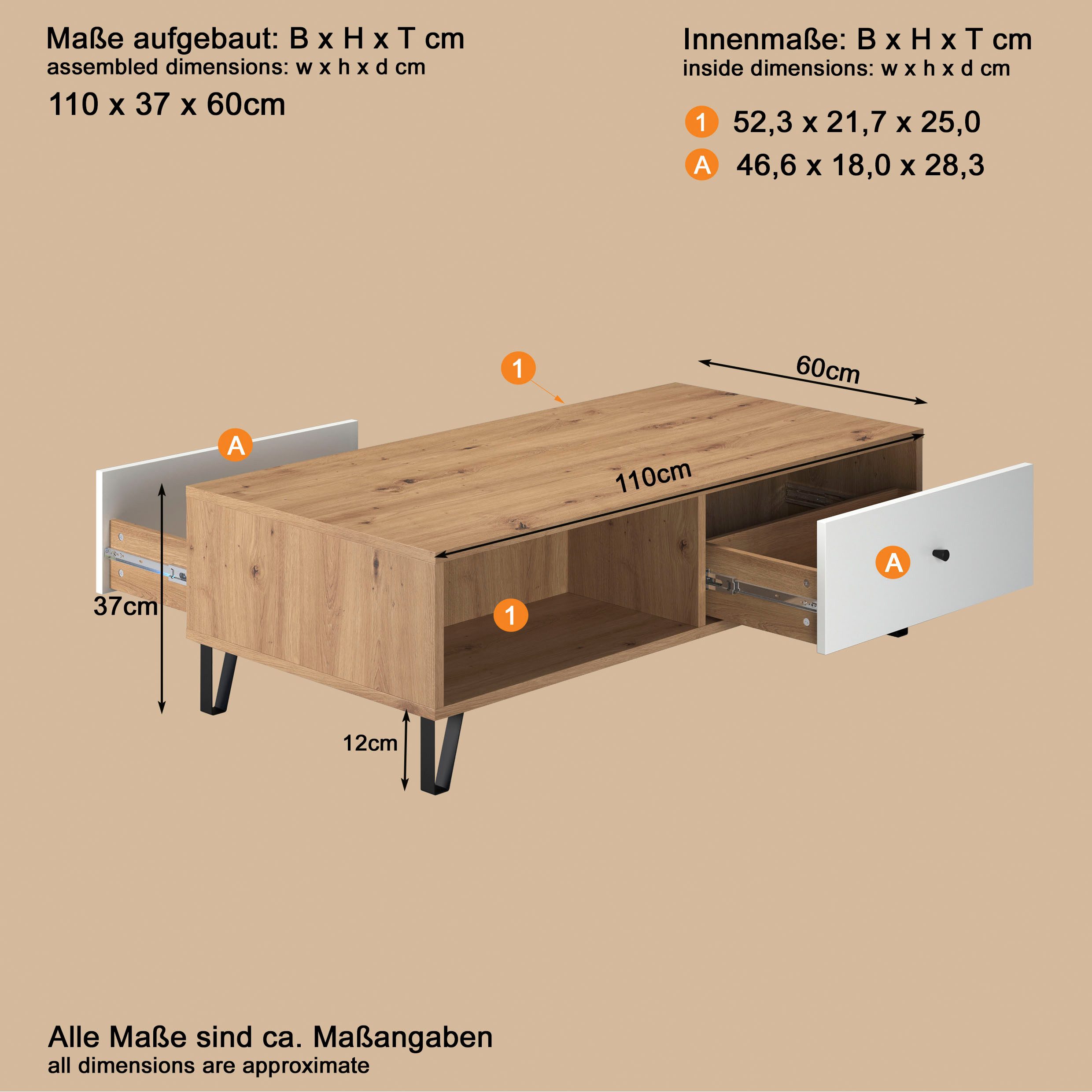 Places of Style Salontafel Tarragona Salontafel met 2 planken en 2 lades met metalen poten