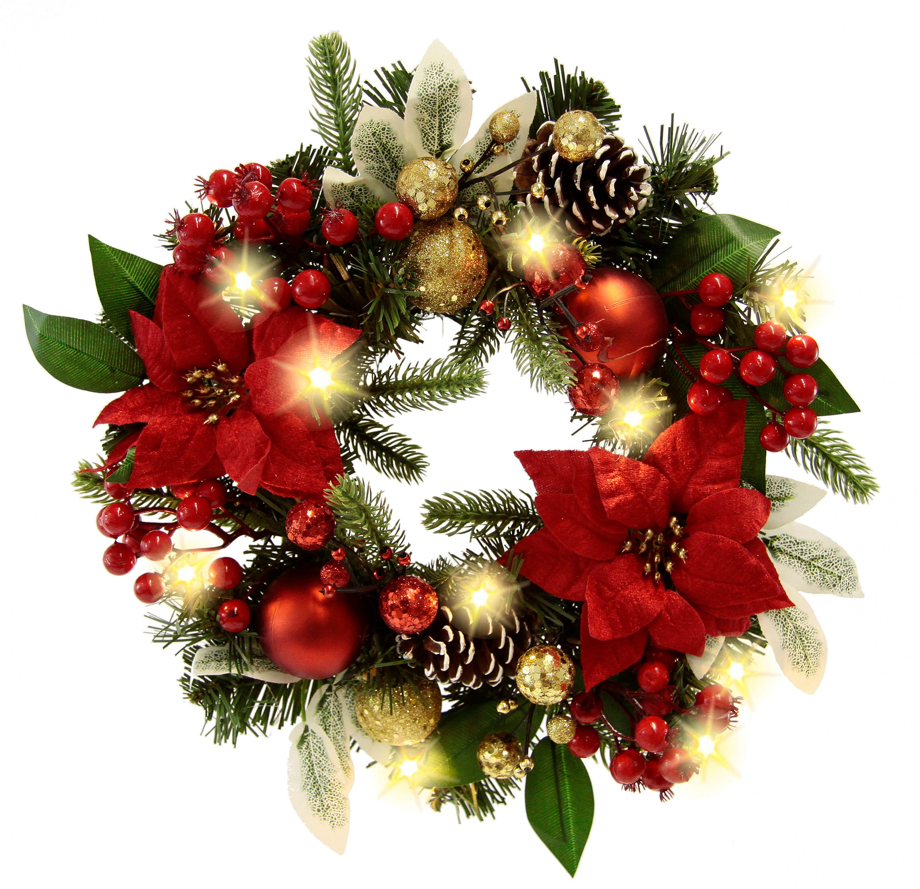 I.GE.A. Kunstkrans Adventskrans Poinsettia met LED-lampjes Bessen ballen kerstster kegels takken kerstkrans deurkrans (1 stuk)