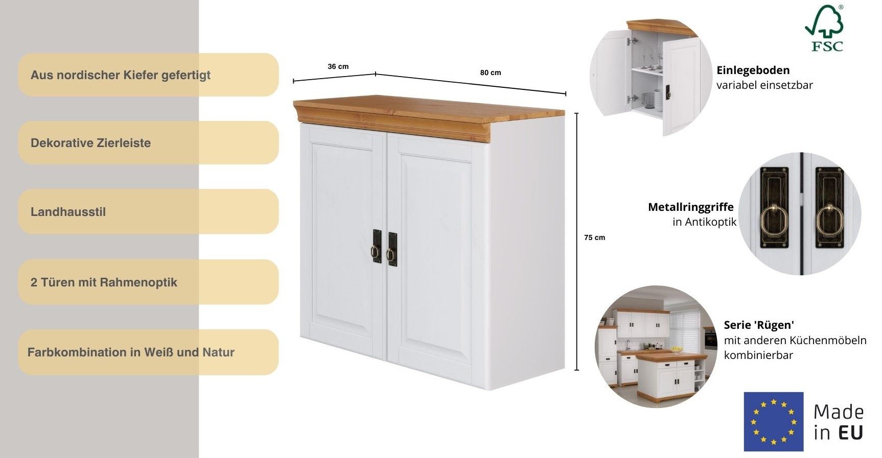 Home affaire Hangkast Rügen Breedte 80 cm, massief grenen, 2 deuren, 1 legplank