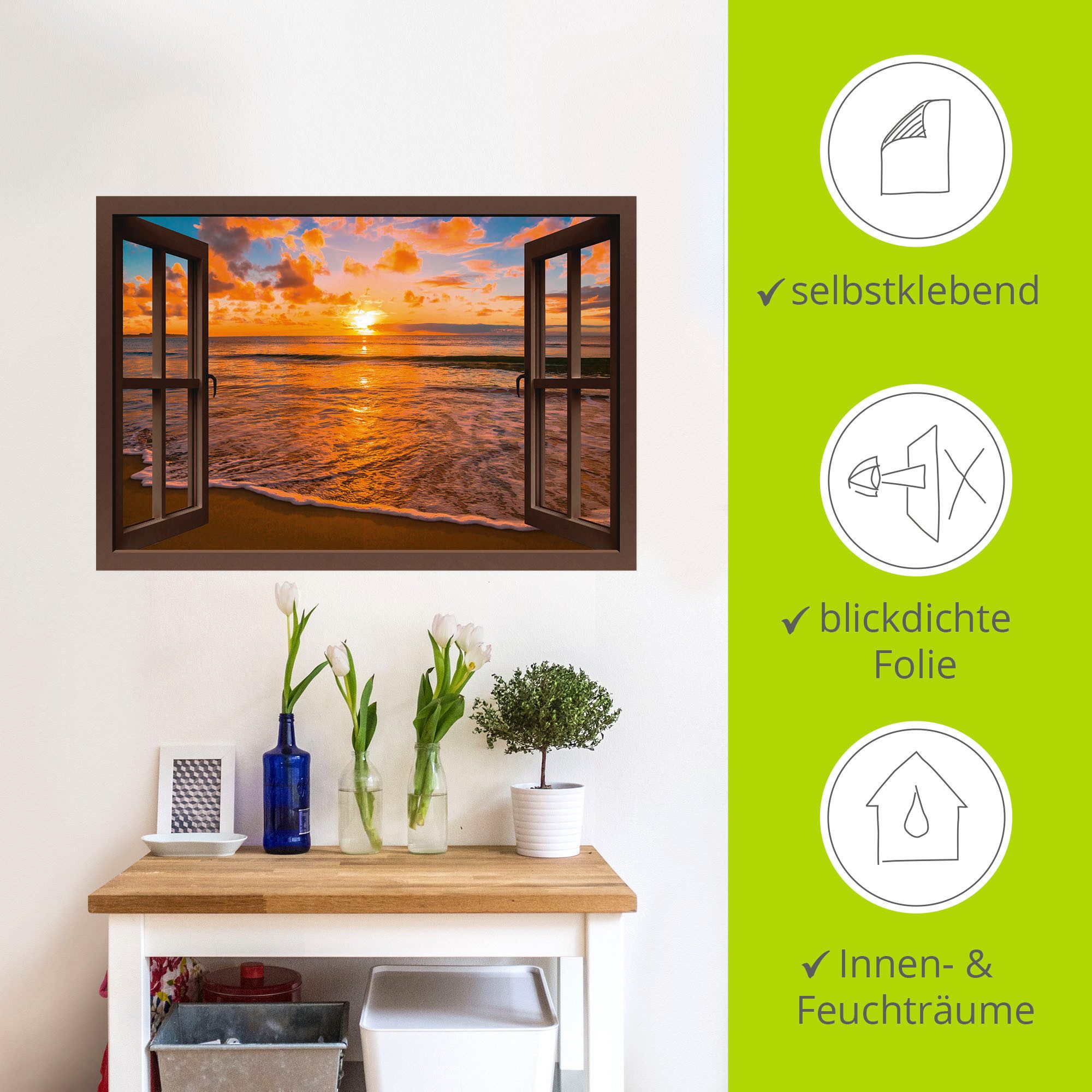 Artland Artprint Blik uit het venster zonsondergang aan het strand als artprint op linnen, poster, muursticker in verschillende maten