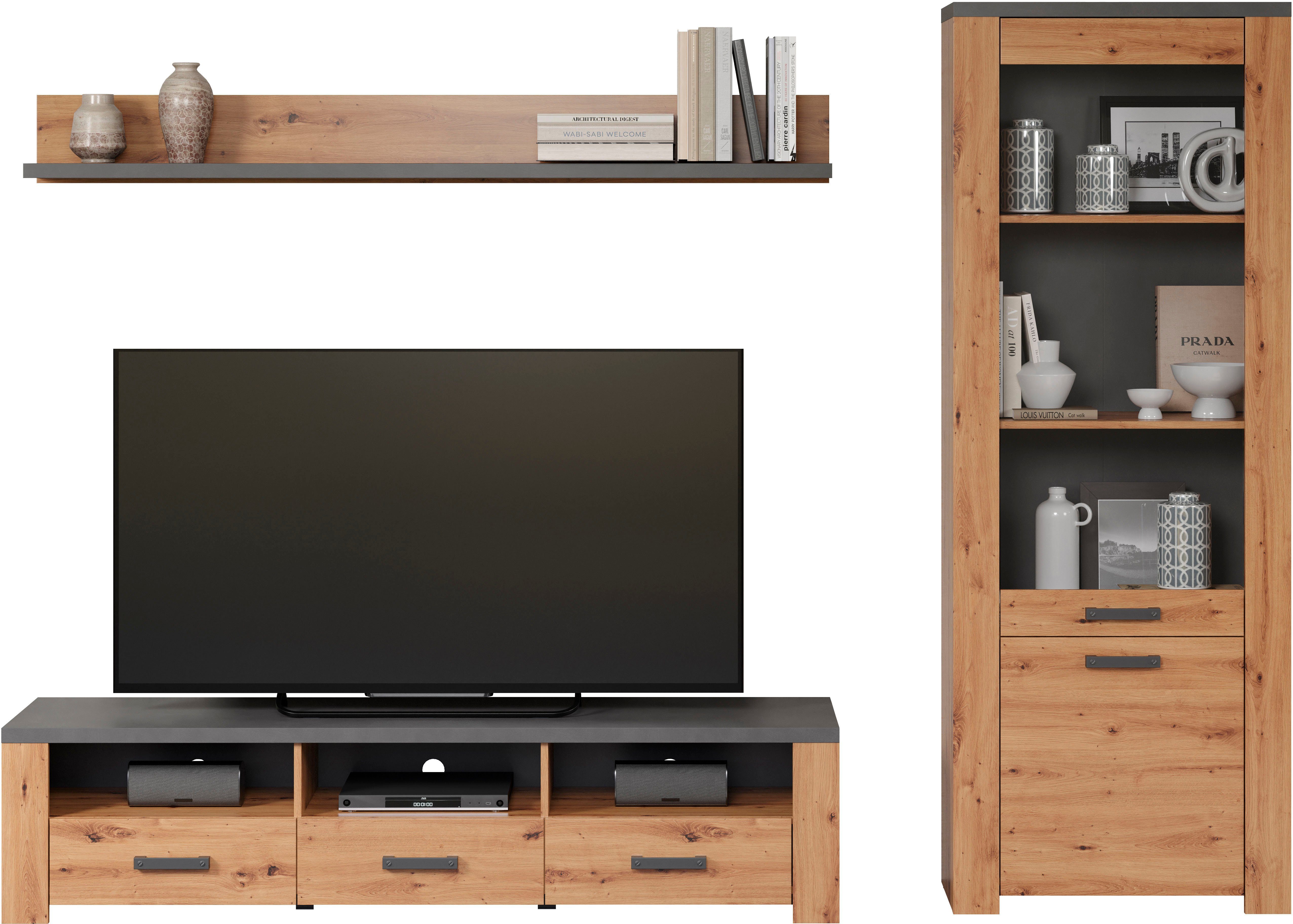 Home affaire Tv-wandmeubel Ambres Kleine, moderne tv-set, look van echt hout, breedte ca. 268 cm, mat (3-delig)