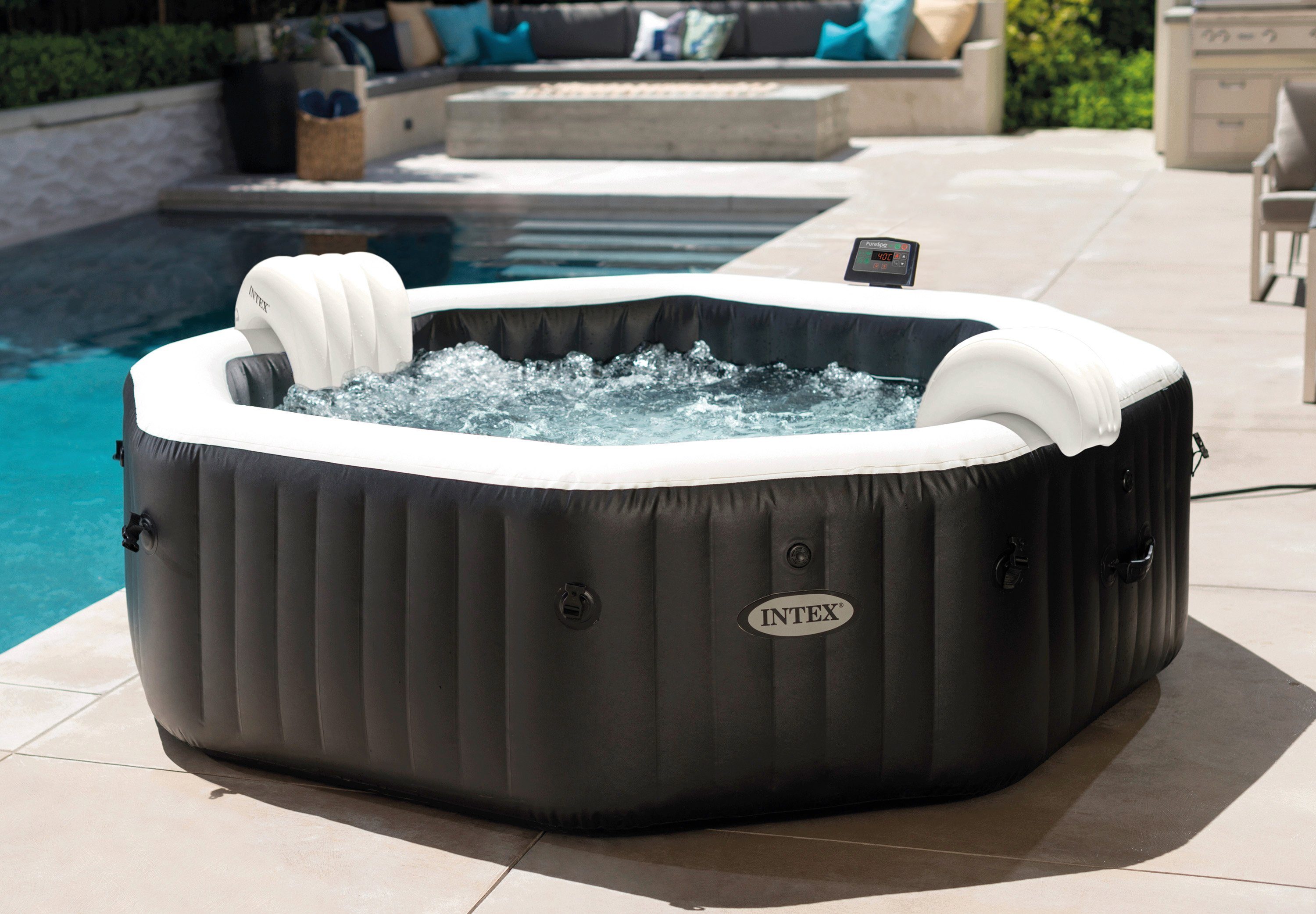 Intex Whirlpool PureSPA "Jet + Bubble Deluxe" octagon, onyx black 8-delig, met zoutwatersysteem, in verschillende maten (set)