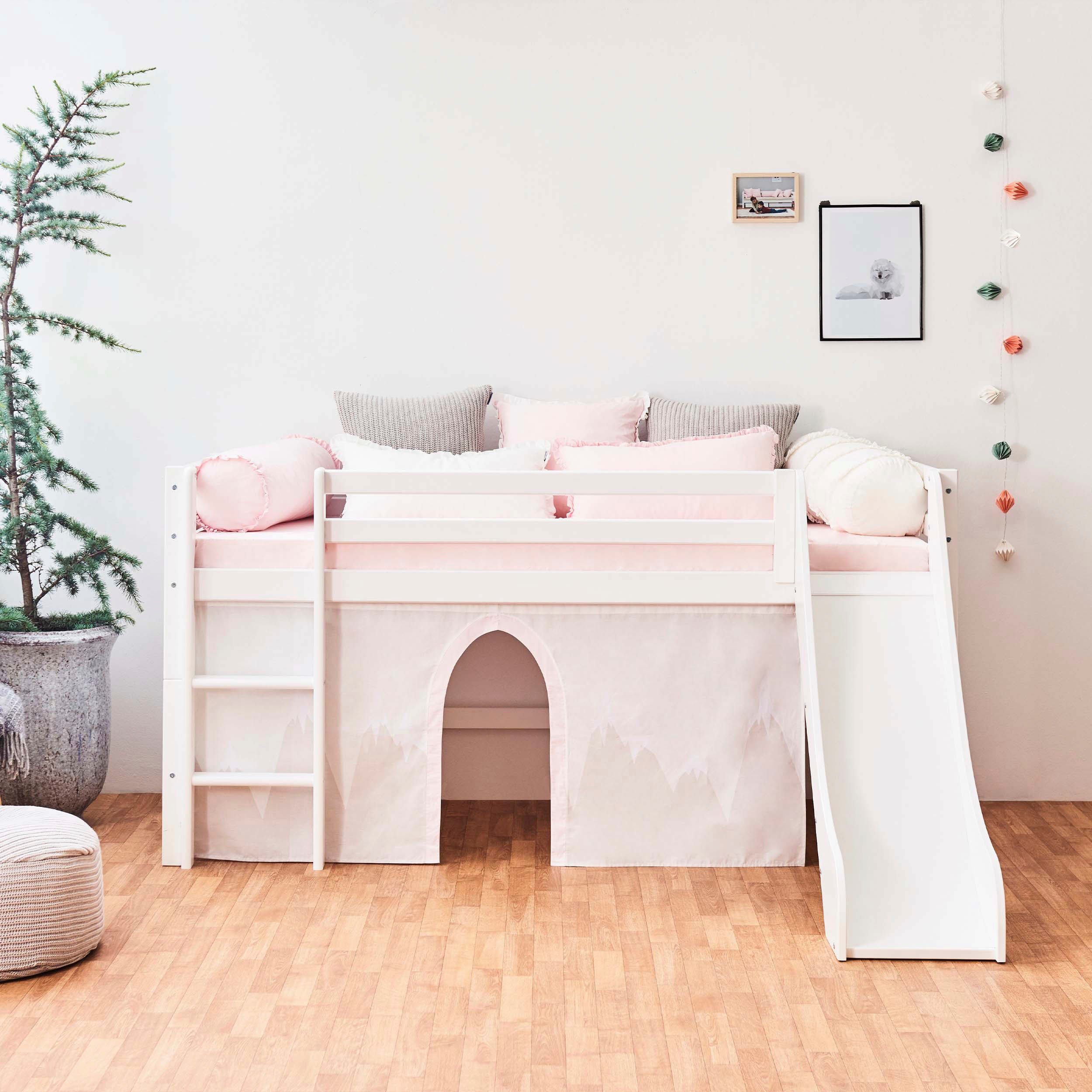 Hoppekids Hoogslaper "Winter Wonderland" 90x200 met glijbaan, gordijn & matras (set, 4 stuks)