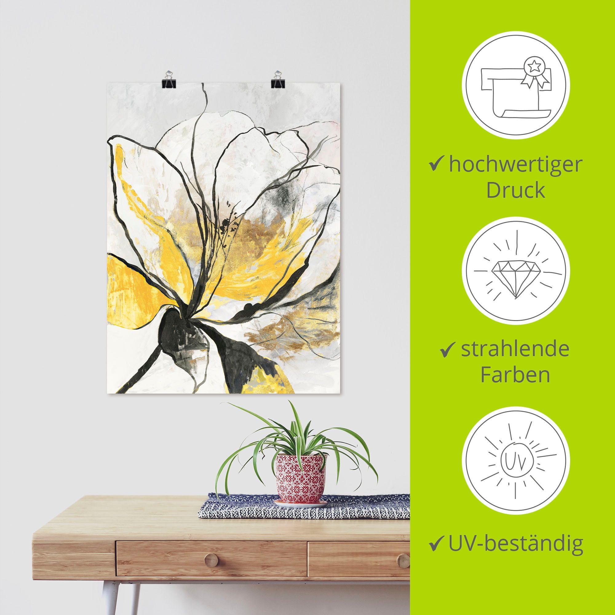 Artland Artprint Geschetst bloemdessin I gele versie als artprint van aluminium, artprint voor buiten, artprint op linnen, poster, muursticker