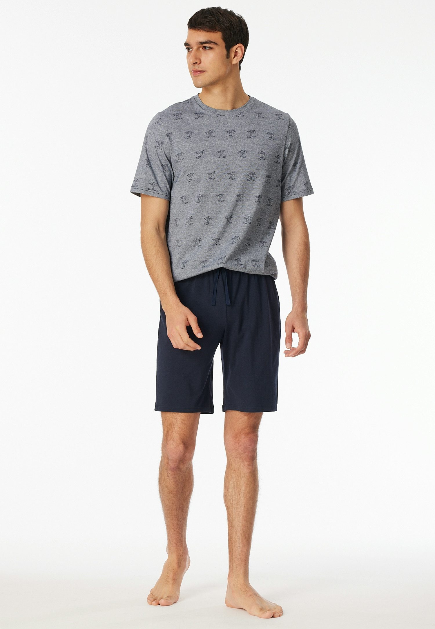 Schiesser Shortama 95/5 Shirt met garenverf, fijne streep met palmprint (2-delig)