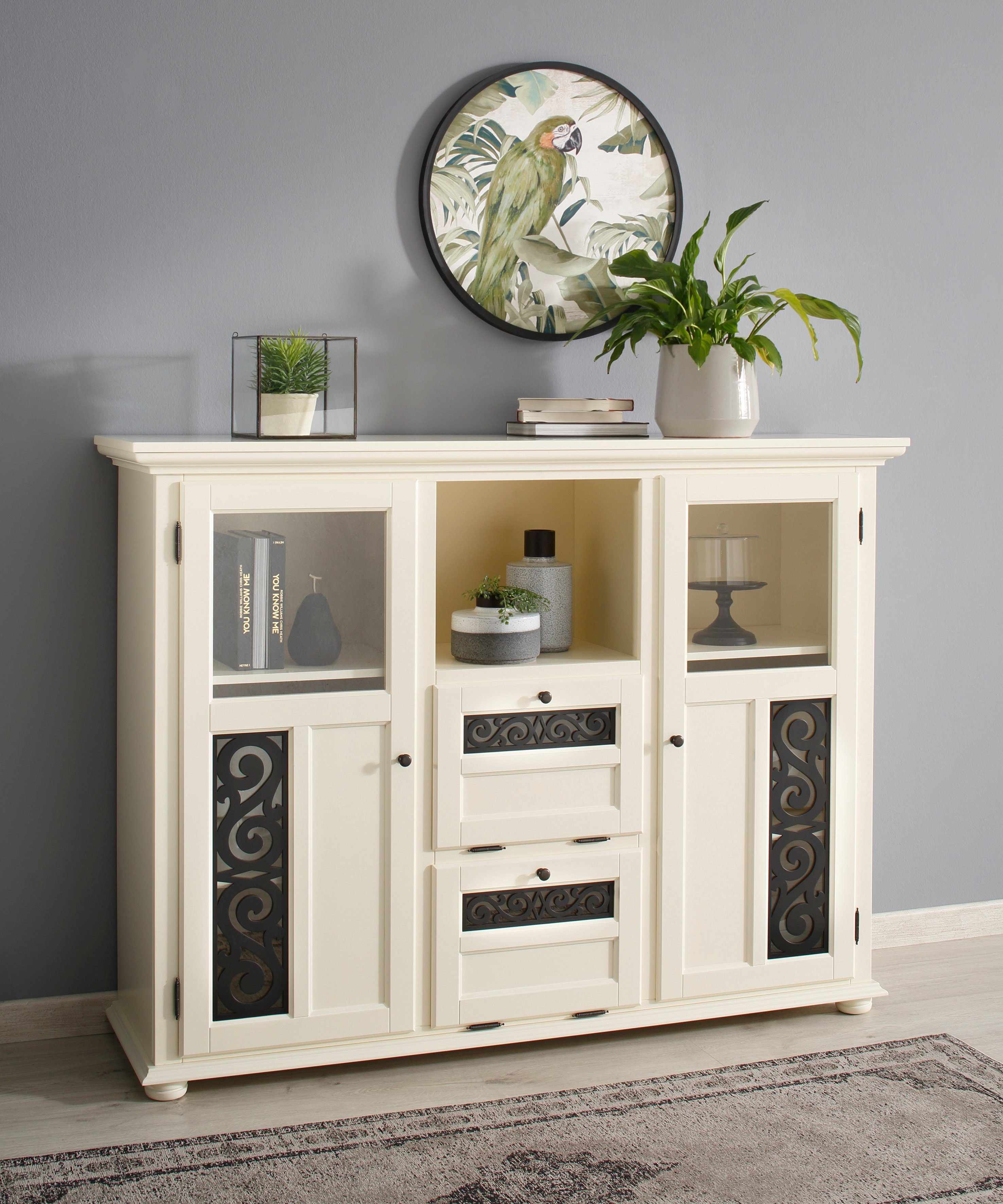 Home affaire Highboard Arabesk Vitrine met decoratieve frezingen, breedte 160 cm highboards maat 160x45x120 cm wit