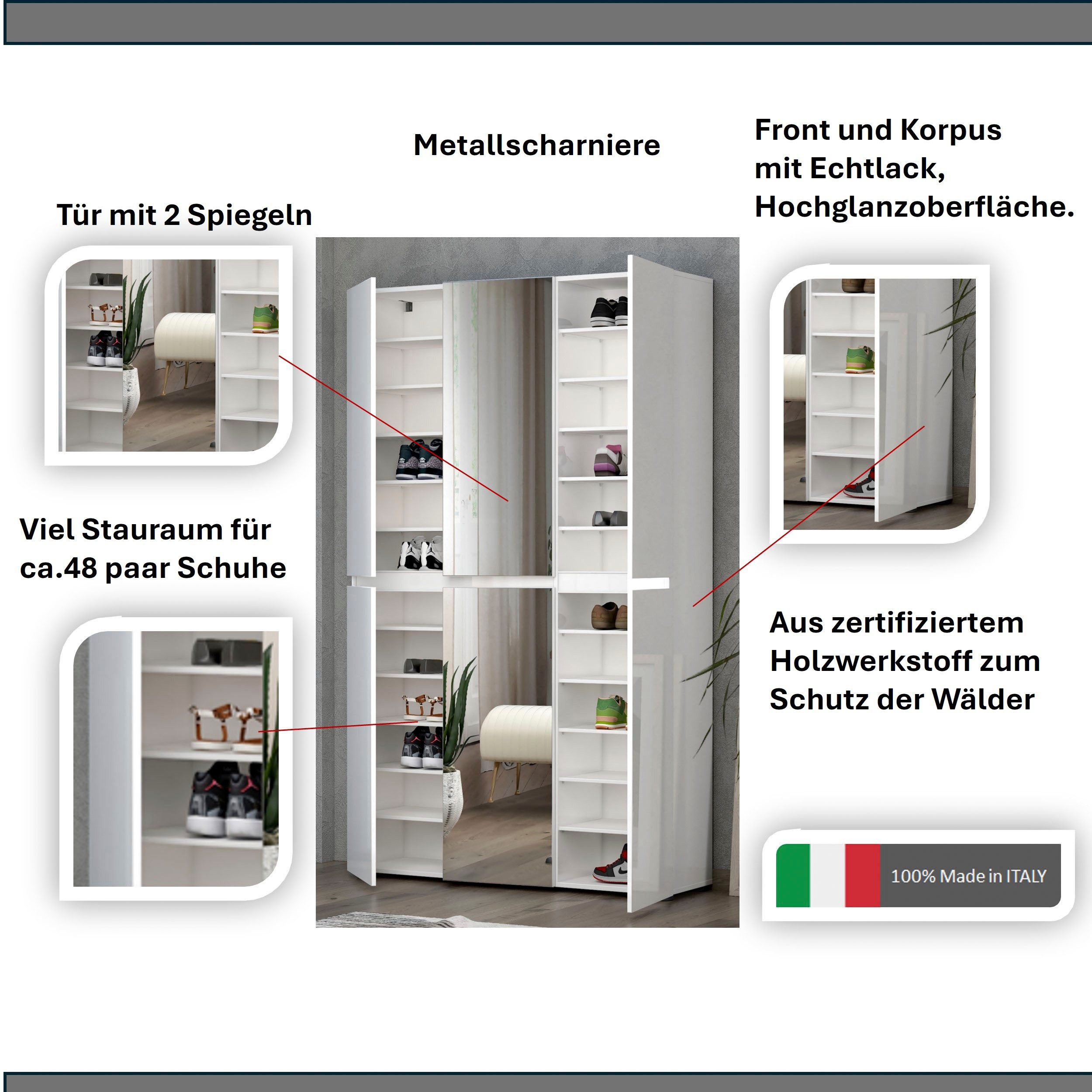INOSIGN Schoenenkast Mister, schoenenkast, schoenenmeubelen, schoenenopslag, schoenenrek Breedte 120 cm, hoogte 200 cm, diepte 34 cm, 6 deuren, 24 vakken, 2 spiegels