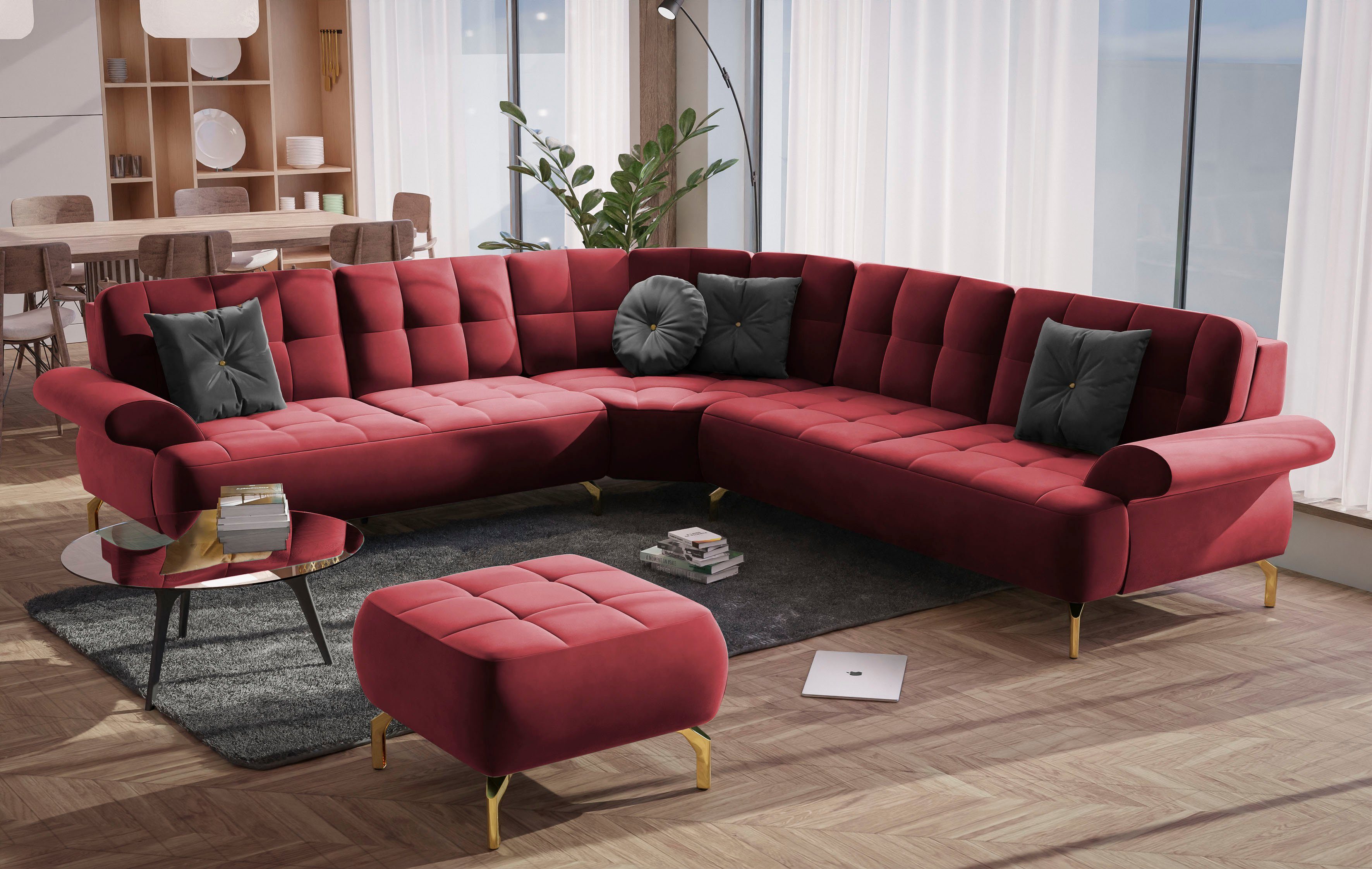 sit&more Hoekbank Orient 1 L-vorm inclusief 4 sierkussens met strassteentjes, goudkleurige metalen poten rood, hoekbanken, langer Schenkel links