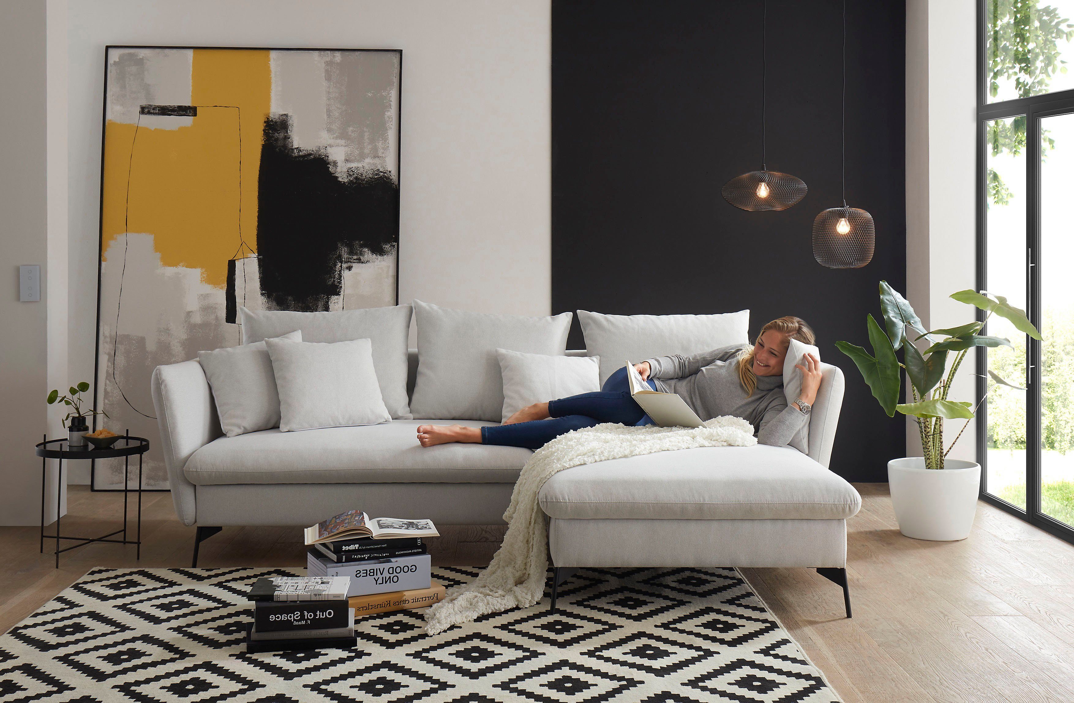 andas Hoekbank LIVORNO,258 cm, L-model, Slaapfunctie en bedlade (139/224 cm), fluweel, structuur, geweven stof