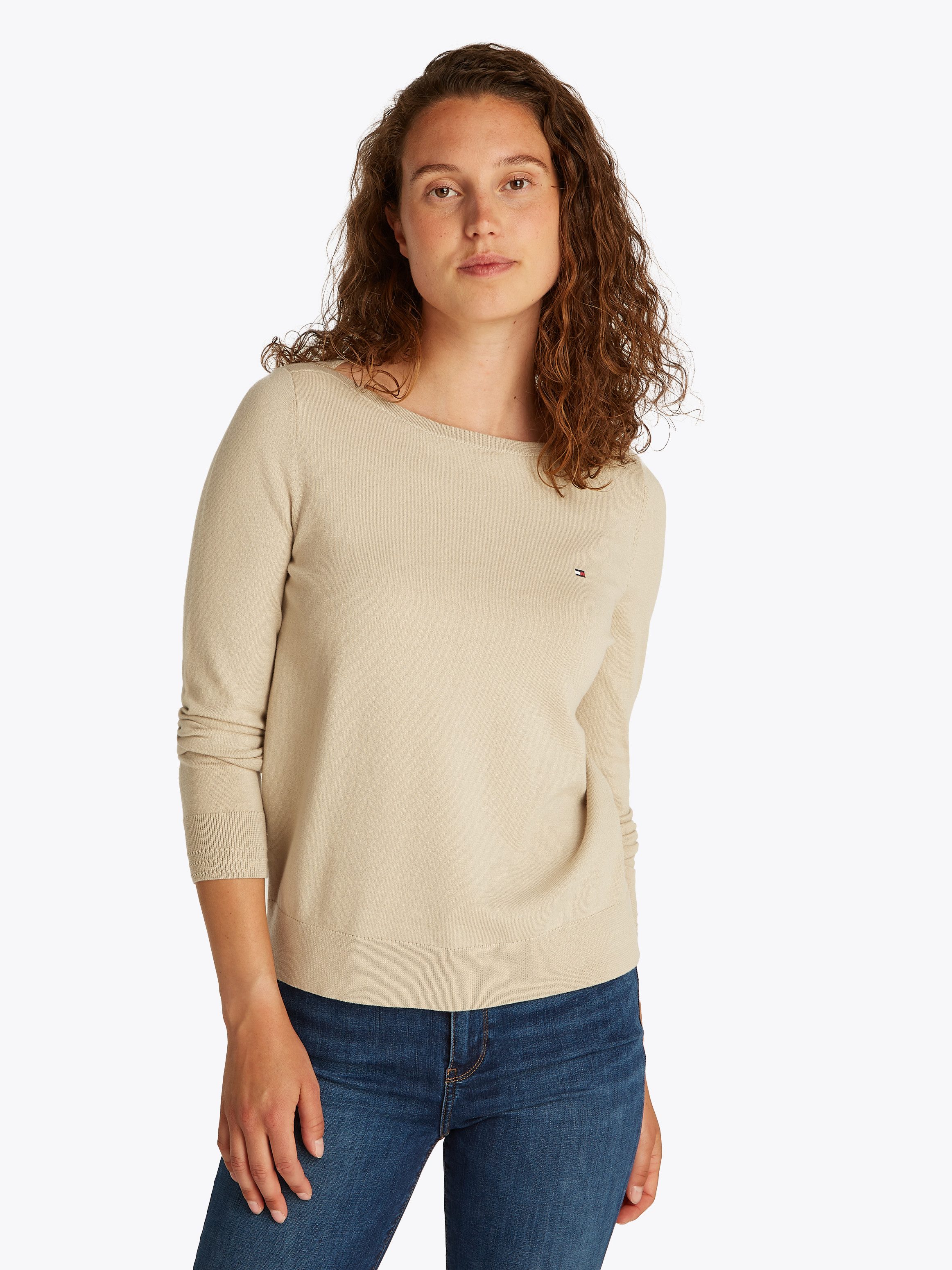 Tommy Hilfiger Gebreide trui CO JERSEY STITCH BOAT-NK SWEATER met -merklabel op de mouw