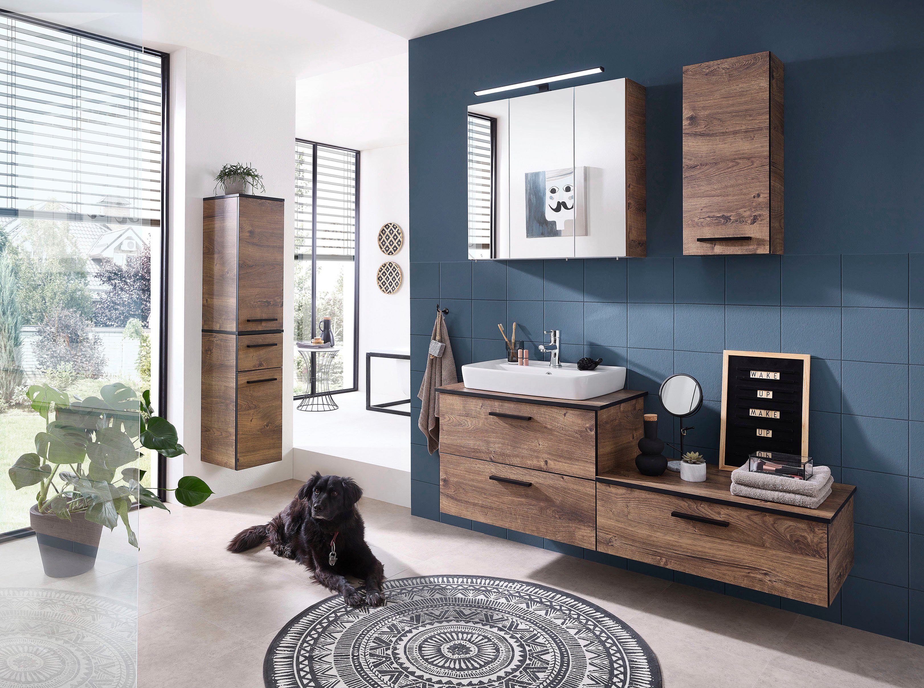 Saphir Badkamerserie Quickset 374 6-delig keramische opzetwasbak met LED-spiegelkast Onderkast, halfhoge kast, hangend kastje, inclusief deurdemper, 6 deuren (8-delig)