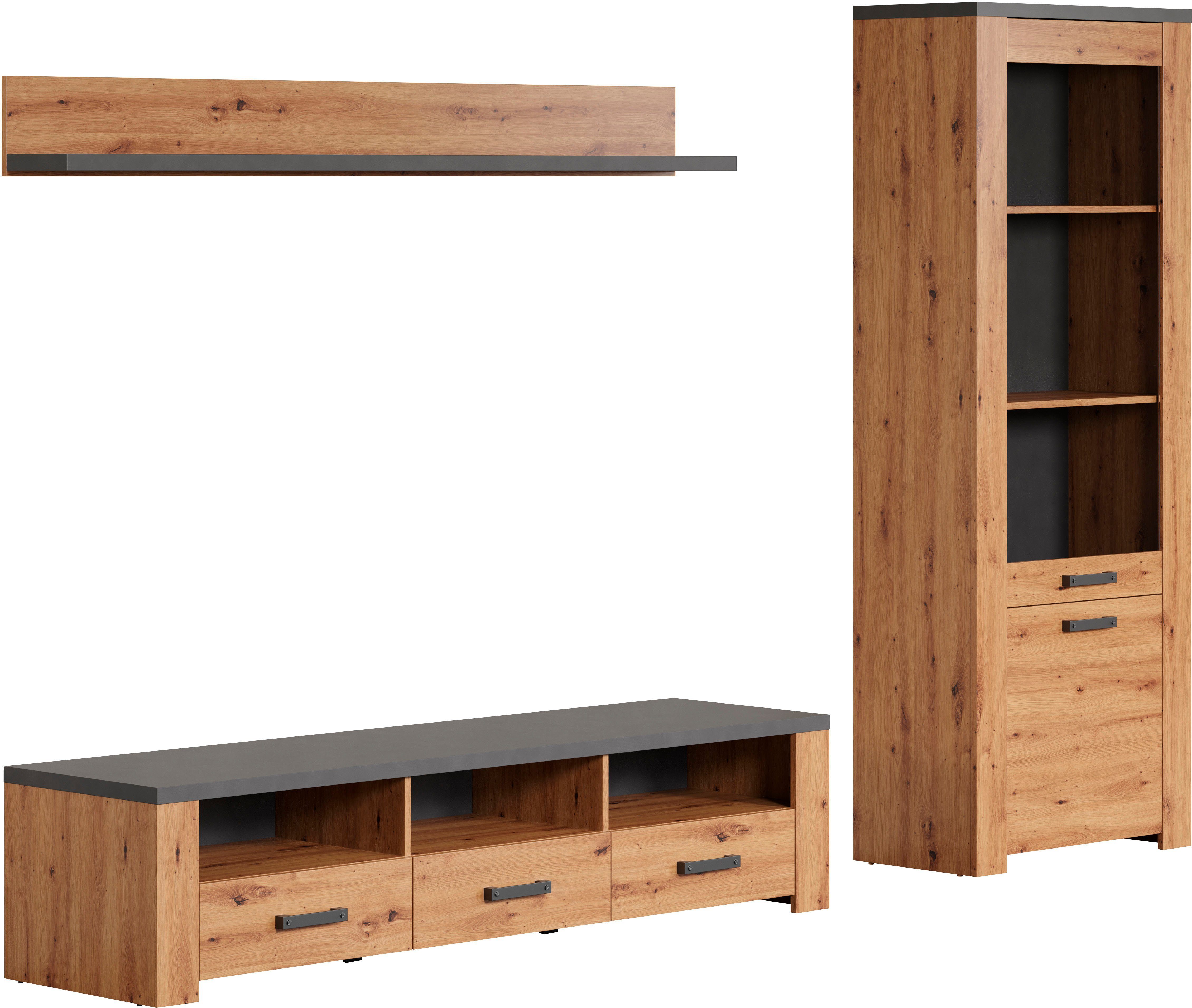 Home affaire Tv-wandmeubel Ambres Kleine, moderne tv-set, look van echt hout, breedte ca. 268 cm, mat (3-delig)