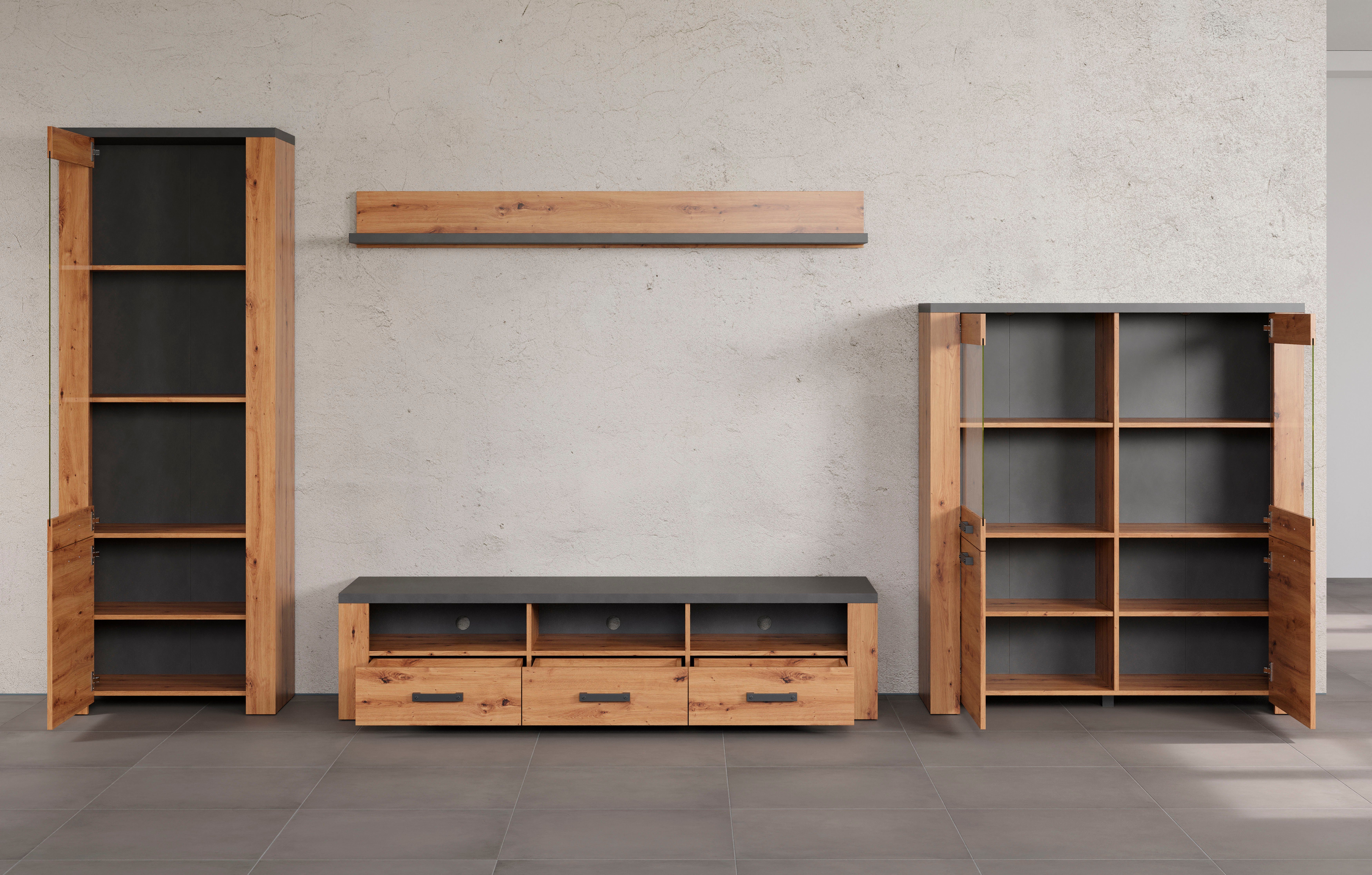 Home affaire Tv-wandmeubel Ambres Moderne tv-set, echt-hout-look, breedte ca. 409 cm, mat (4-delig)