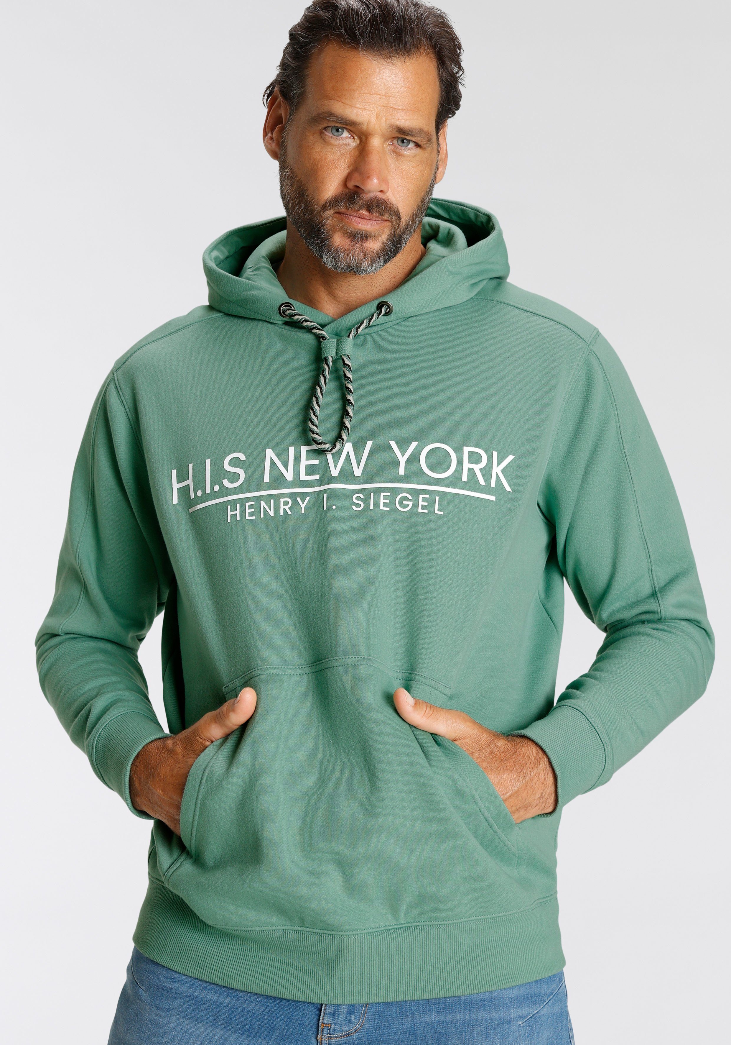 H.I.S Sweatshirt bedrukt ontwerp, met capuchon en koord, van katoenmix