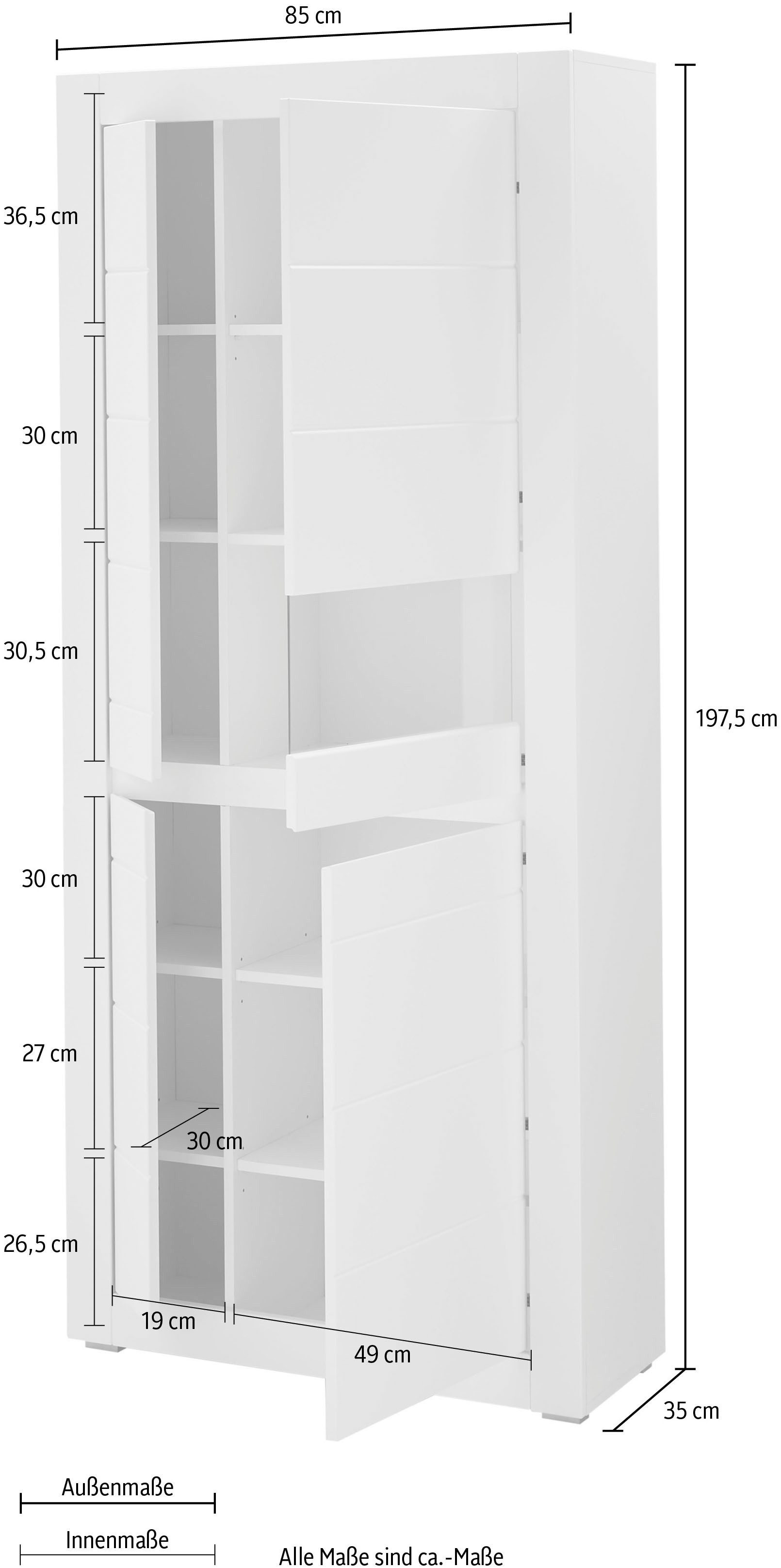 INOSIGN Vitrinekast Chester, Hoge kast met opbergruimte, Glazen vitrine, Dressoir, Mat Wit (1 stuk)