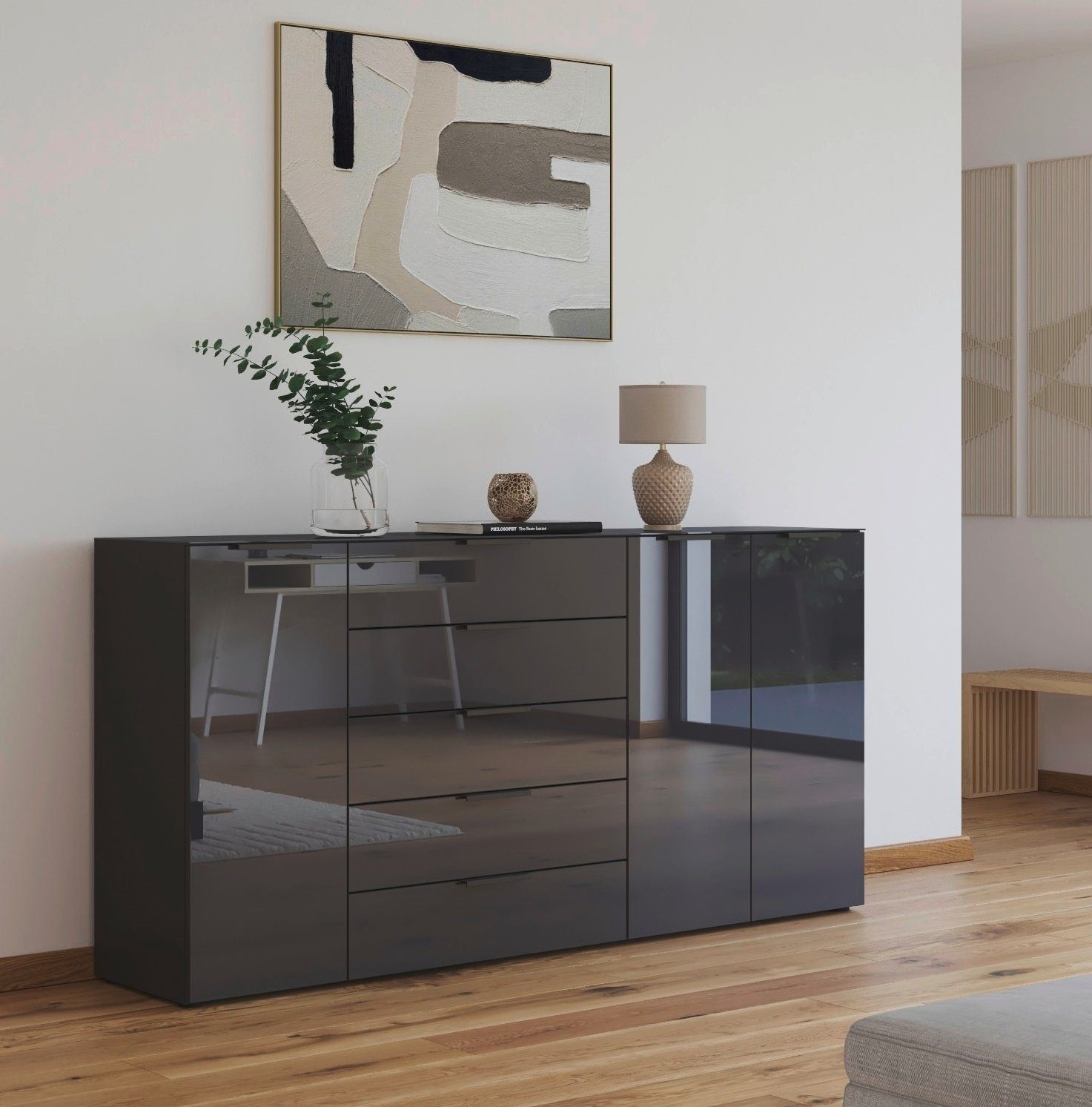 rauch Kast met laden en deuren Flipp 3-deurs, 5 lades, soft-close functie, bovenblad en glazen front