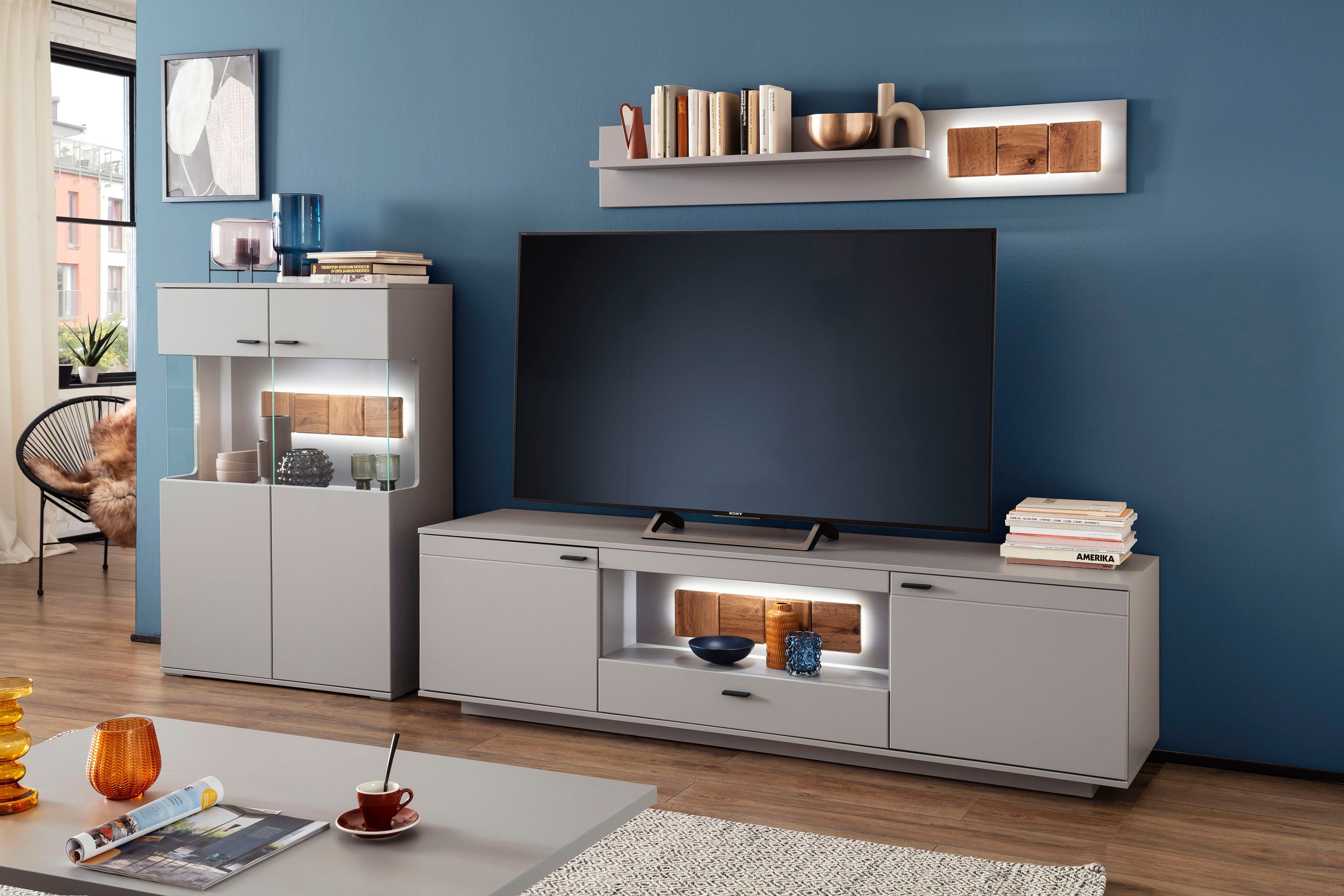 MCA furniture Wandmeubel Zadar moderne woonwandcombinatie in noordpool-grijs, naar keuze met verlichting (3-delig)