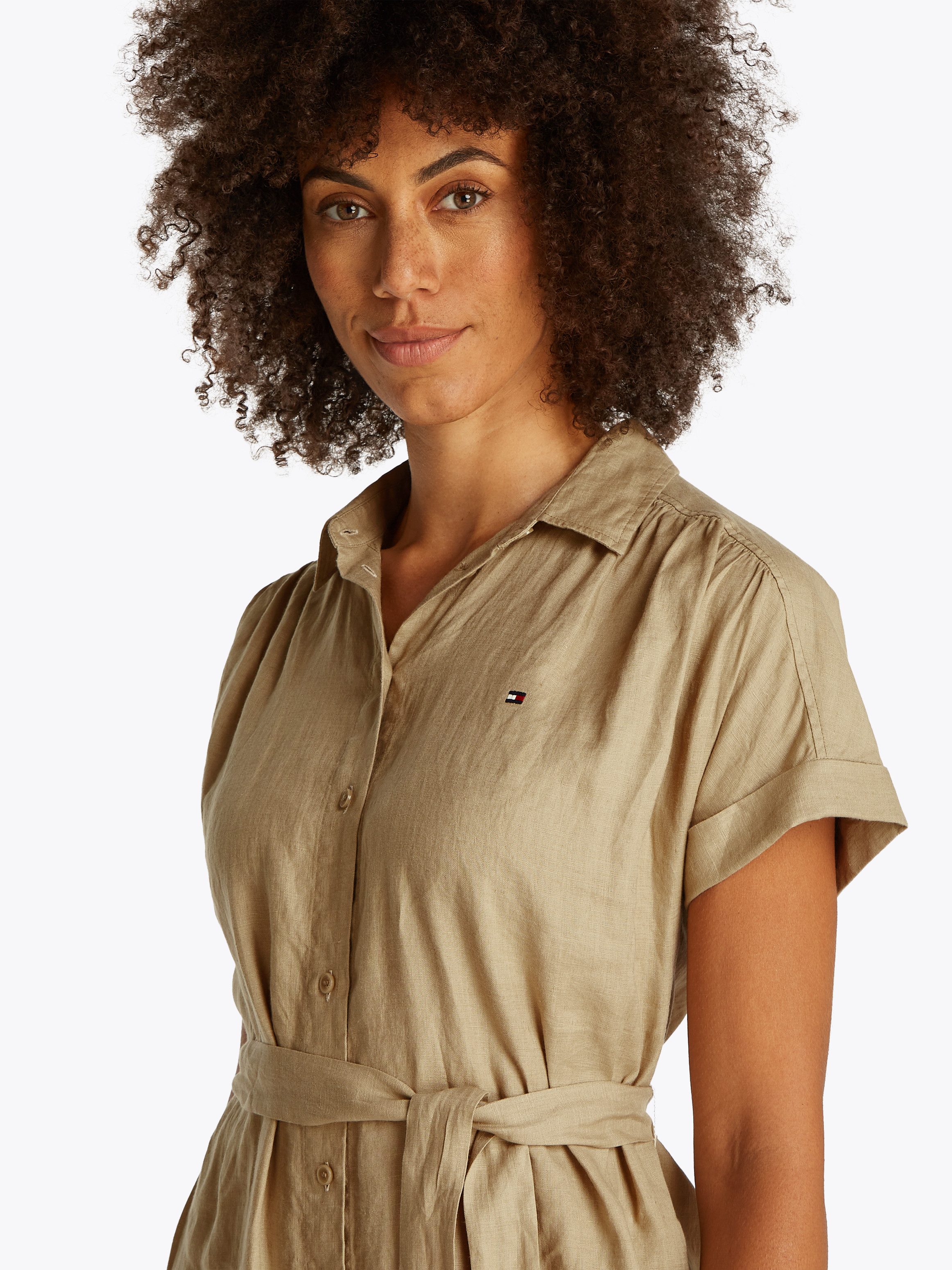 Tommy Hilfiger Jurk met overhemdkraag ESS LINEN BELTED S/S MIDI DRESS met riem, met mouwomslag, verkoelend premium linnen