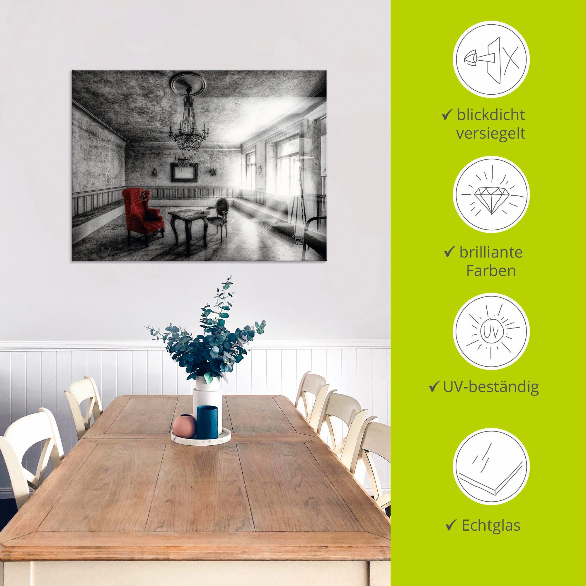 Artland Print op glas Lost Place - rode fauteuil