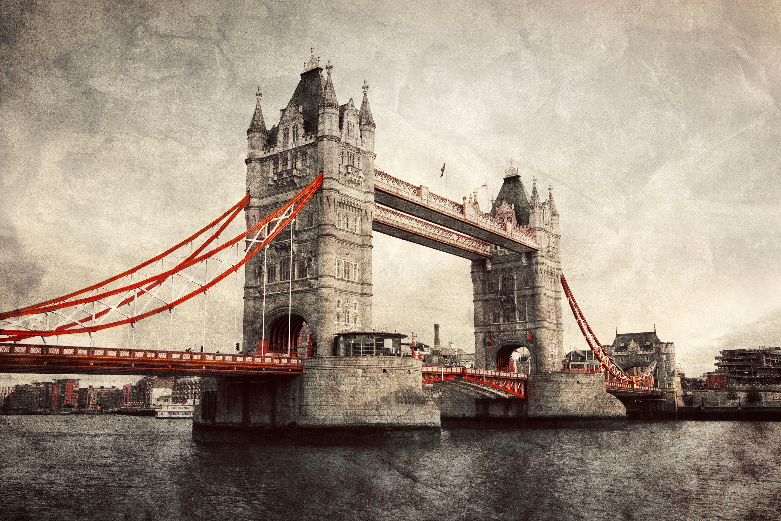 queence Artprint op linnen Tower Bridge Premium canvasstof, handgemaakt in Duitsland foto schilderijen maat 60 cm x 40 cm x 2 cm grijs