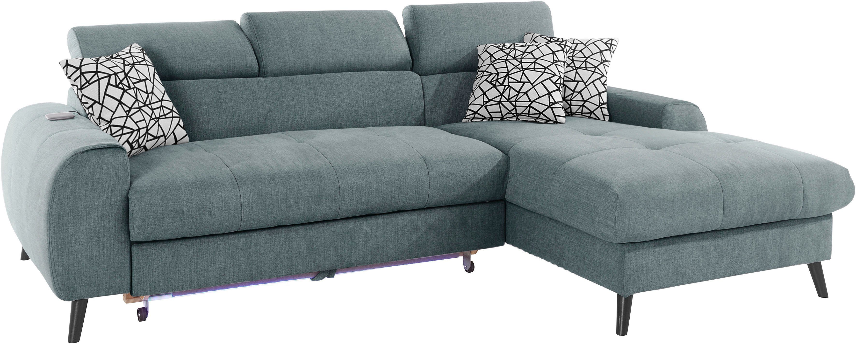 COTTA Hoekbank Mia L-vorm met 3 sierkussens keuze met bedfunctie, bedlade, verlichting & draadloze oplader