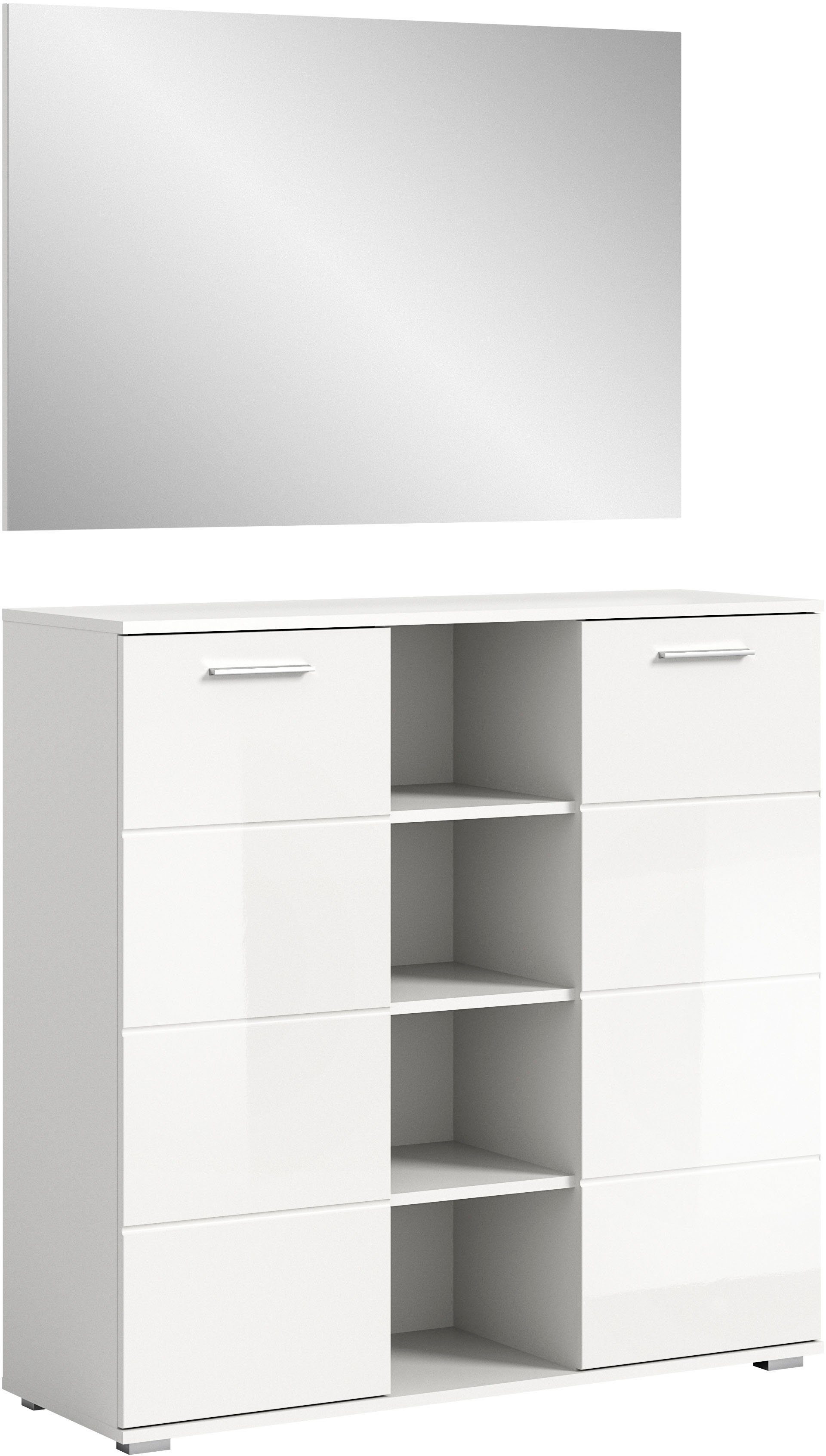 INOSIGN Halmeubelset Valge, Breedte 110 cm, 2-delig Set, bestaande uit: Highboard en Spiegel (2-delig) wandkapstokken wit