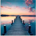 artland print op glas lange pier aan het meer in zonsopkomst (1 stuk) blauw