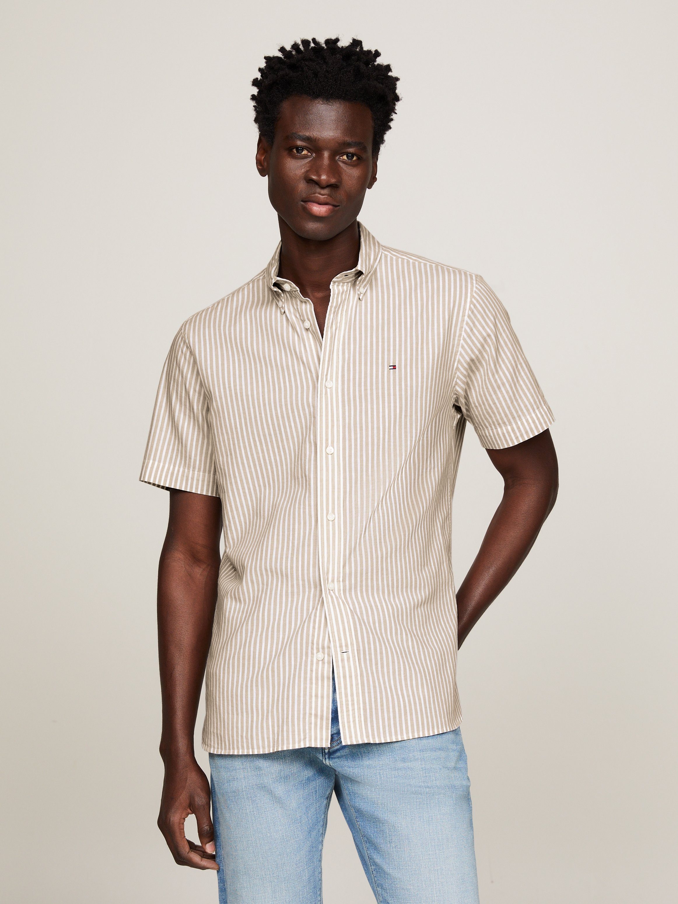 Tommy Hilfiger Overhemd met korte mouwen W-CO/LI CLASSIC STP RF SHIRT heren overhemden maat XXXL bruin