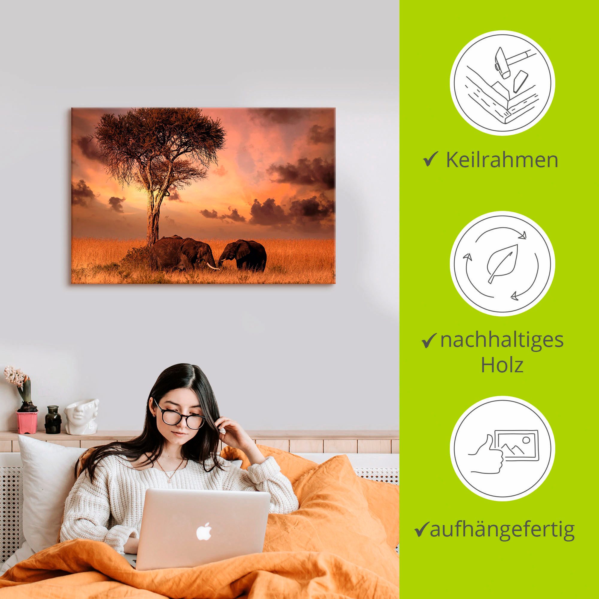 Artland Artprint Olifanten bij het avondeten als artprint op linnen, muursticker in verschillende maten