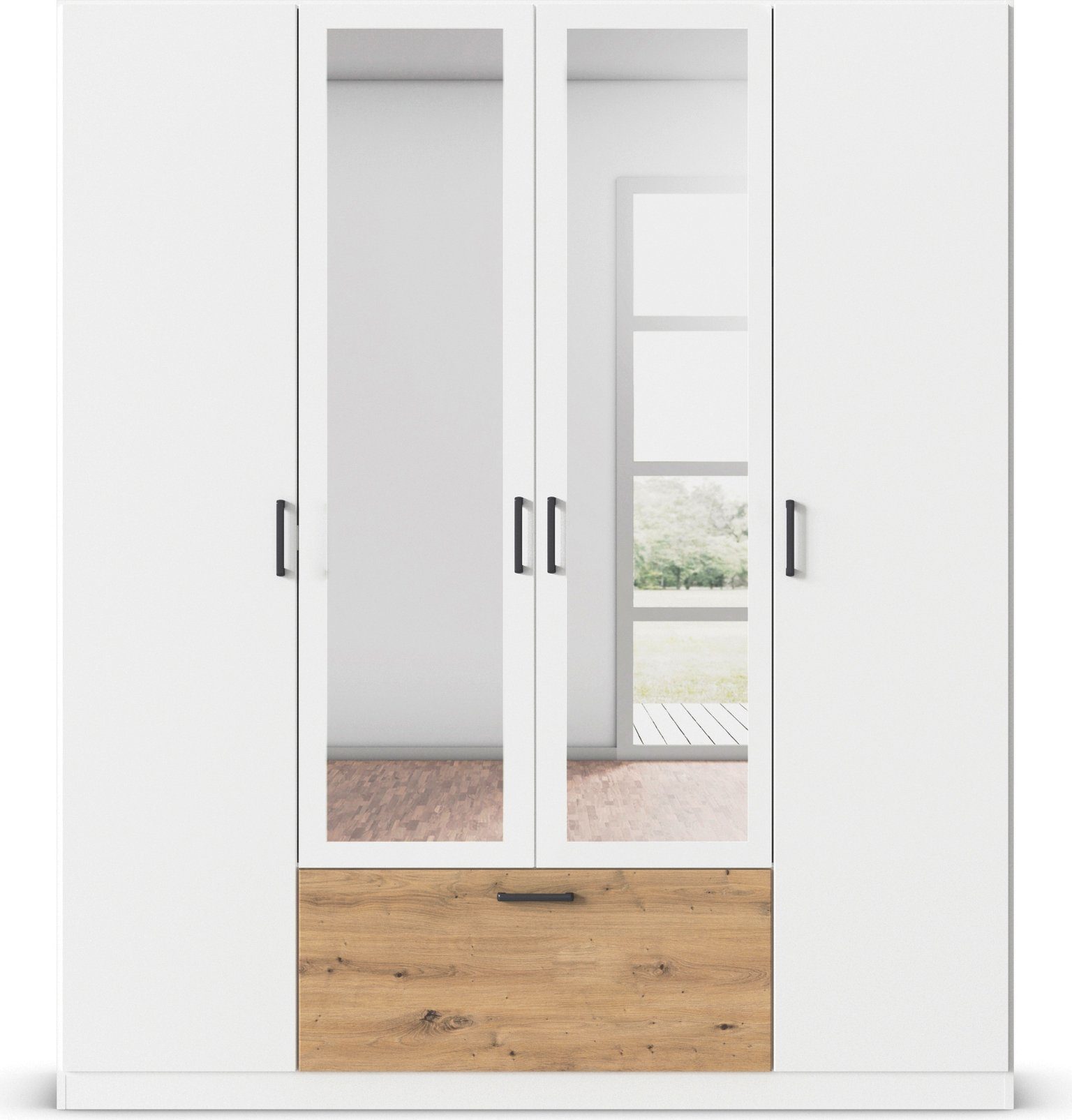 rauch Draaideurkast Kledingkast kast garderobe waskast BARI met spiegel met lades in het midden, moderne greep in grijs metallic made in germany