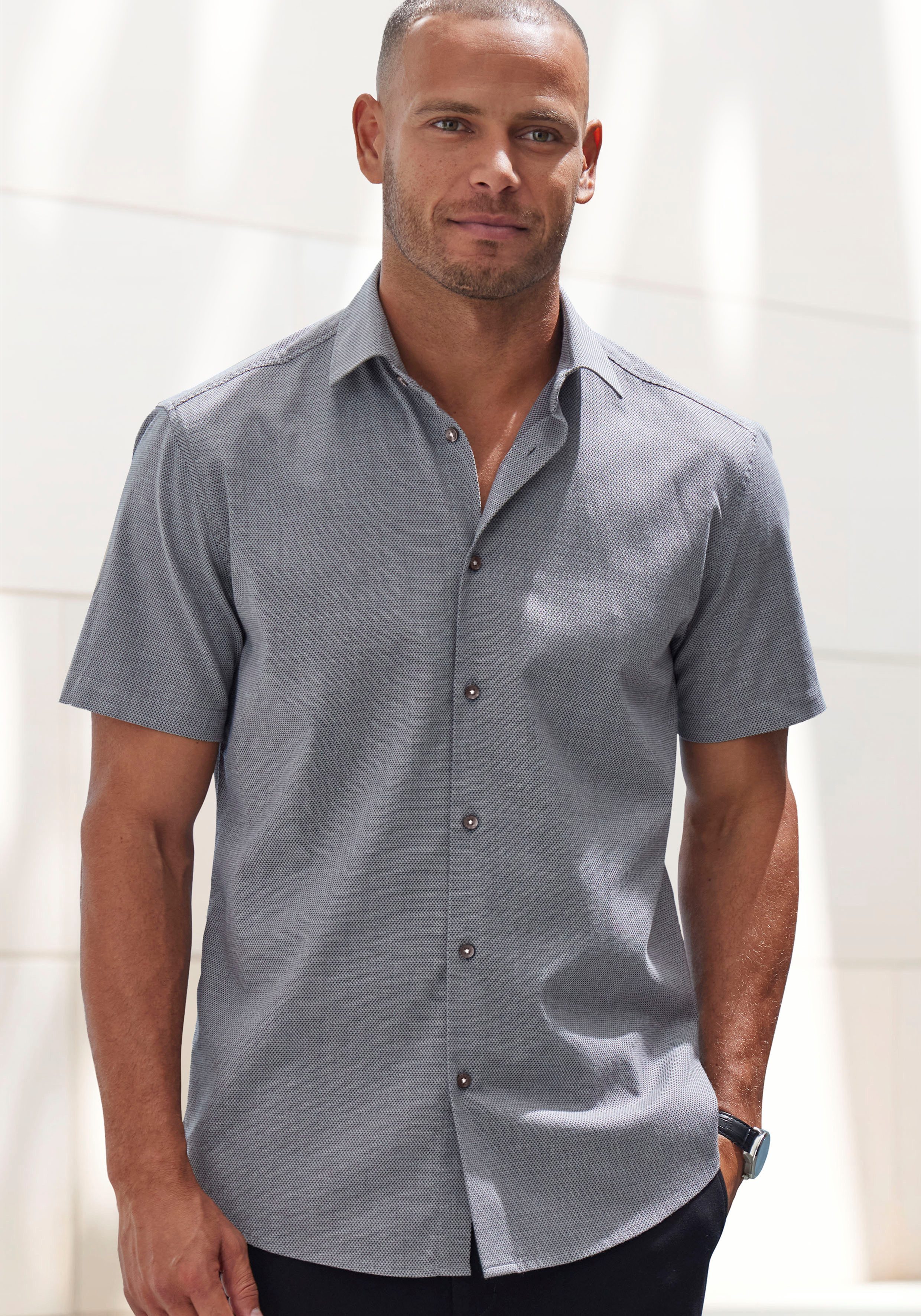 H.I.S Overhemd met korte mouwen Regular fit elastisch jacquard korte mouwen shirt