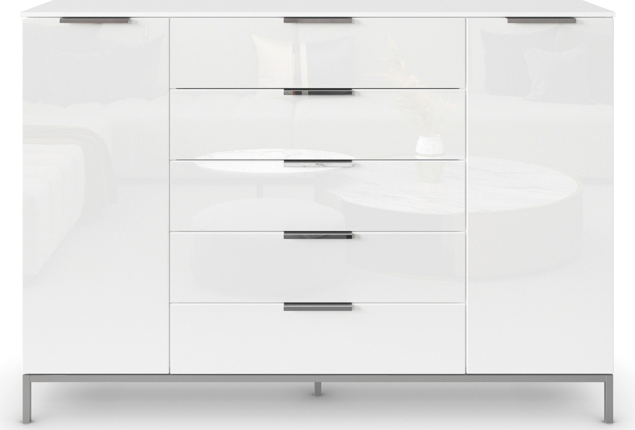 rauch Ladekast Flipp kast waskast bestseller sideboard 2-deurs met 5 laden en soft-close functie, glazen front, 2 breedtes