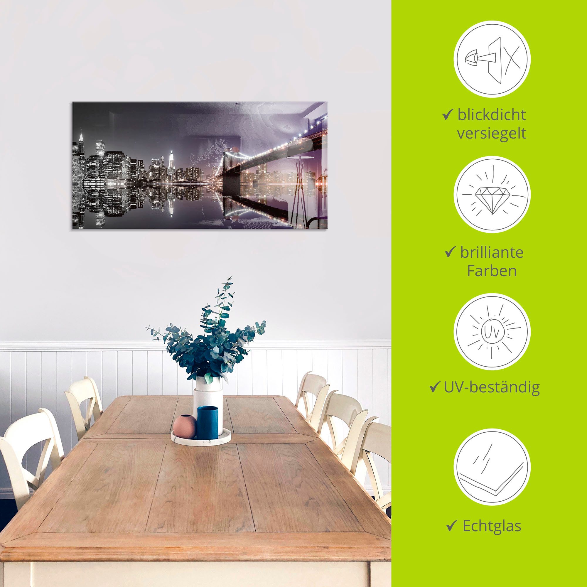 Artland Print op glas New York skyline nachtelijke reflectie