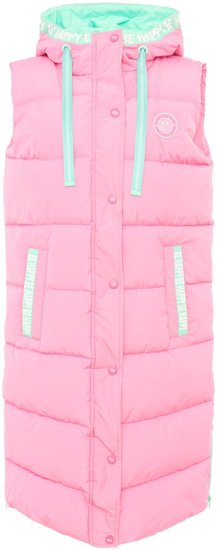 Zwillingsherz Bodywarmer Gewatteerd vest lang "Good Vibes Only" met bedrukte capuchon en zakken, knoopsluiting en print achter
