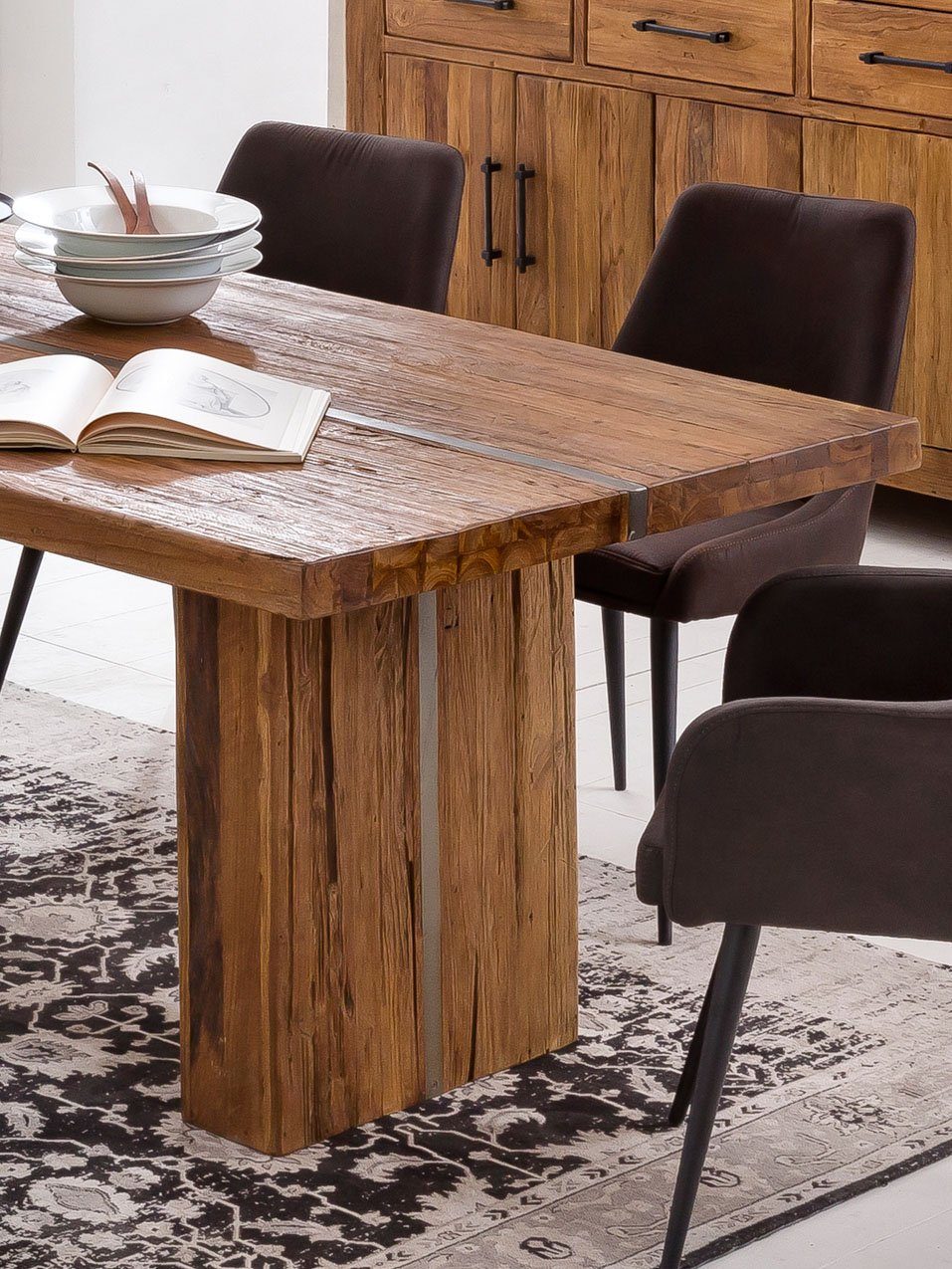 SIT Eettafel Banda met ingelegde metalen band, shabby chic, vintage