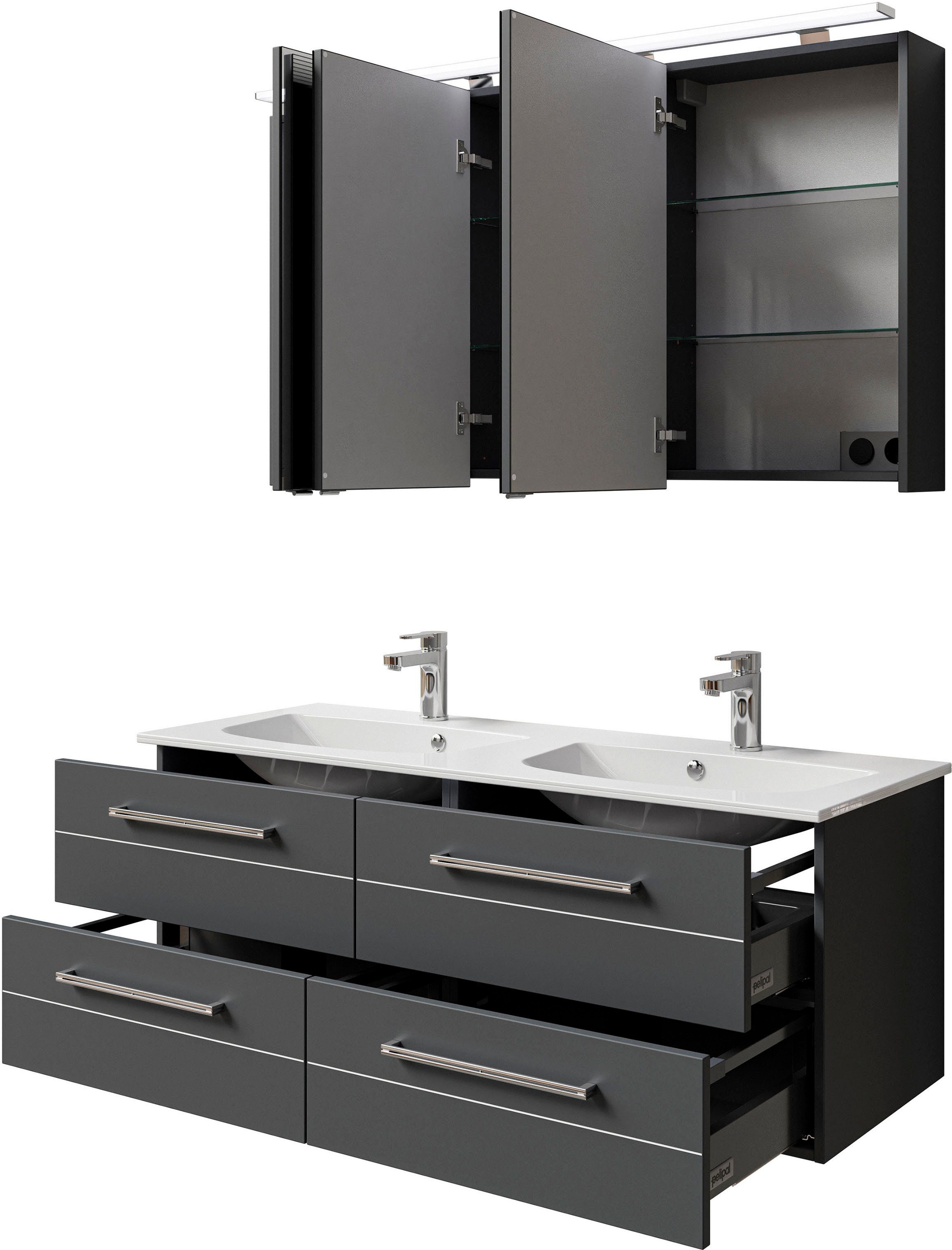 Saphir Badkamerserie Serie 6025 2-delig, mineraalmarmeren wastafel met led-spiegelkast Wastafelmeubel 132 cm breed, 4 laden, 2 spiegeldeuren, incl. deurdemper (2-delig)