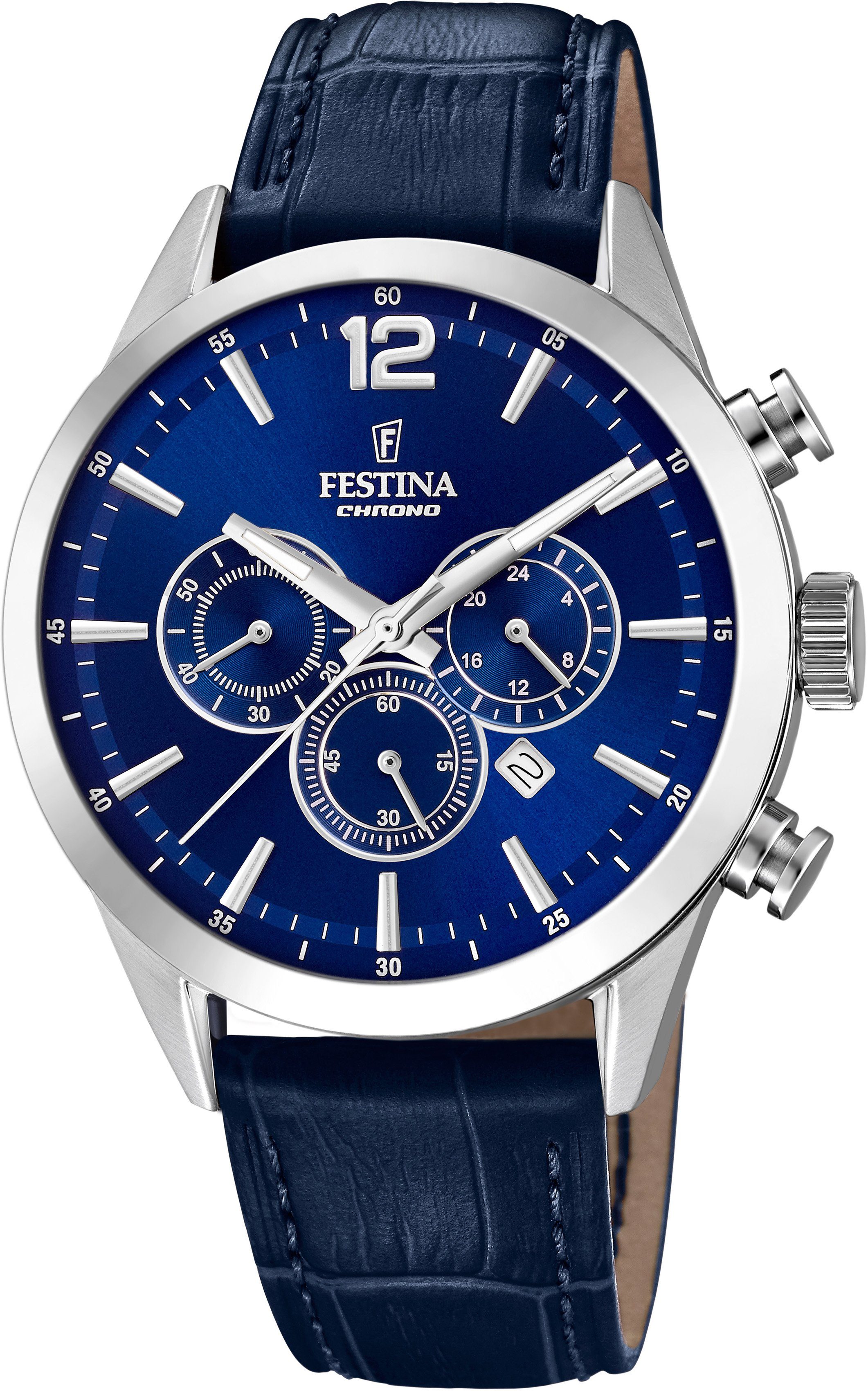 Festina Chronograaf Timeless Chronograph Horloge, quartz, herenhorloge, stopwatchfunctie, leren band heren horloges blauw