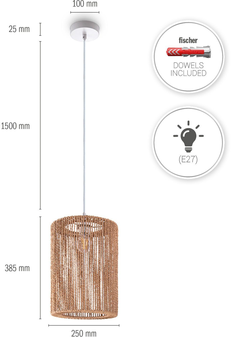 Paco Home Hanglamp Hugo Ricarda Woonkamer eetkamer rattan look Boho lampenkap papier rond
