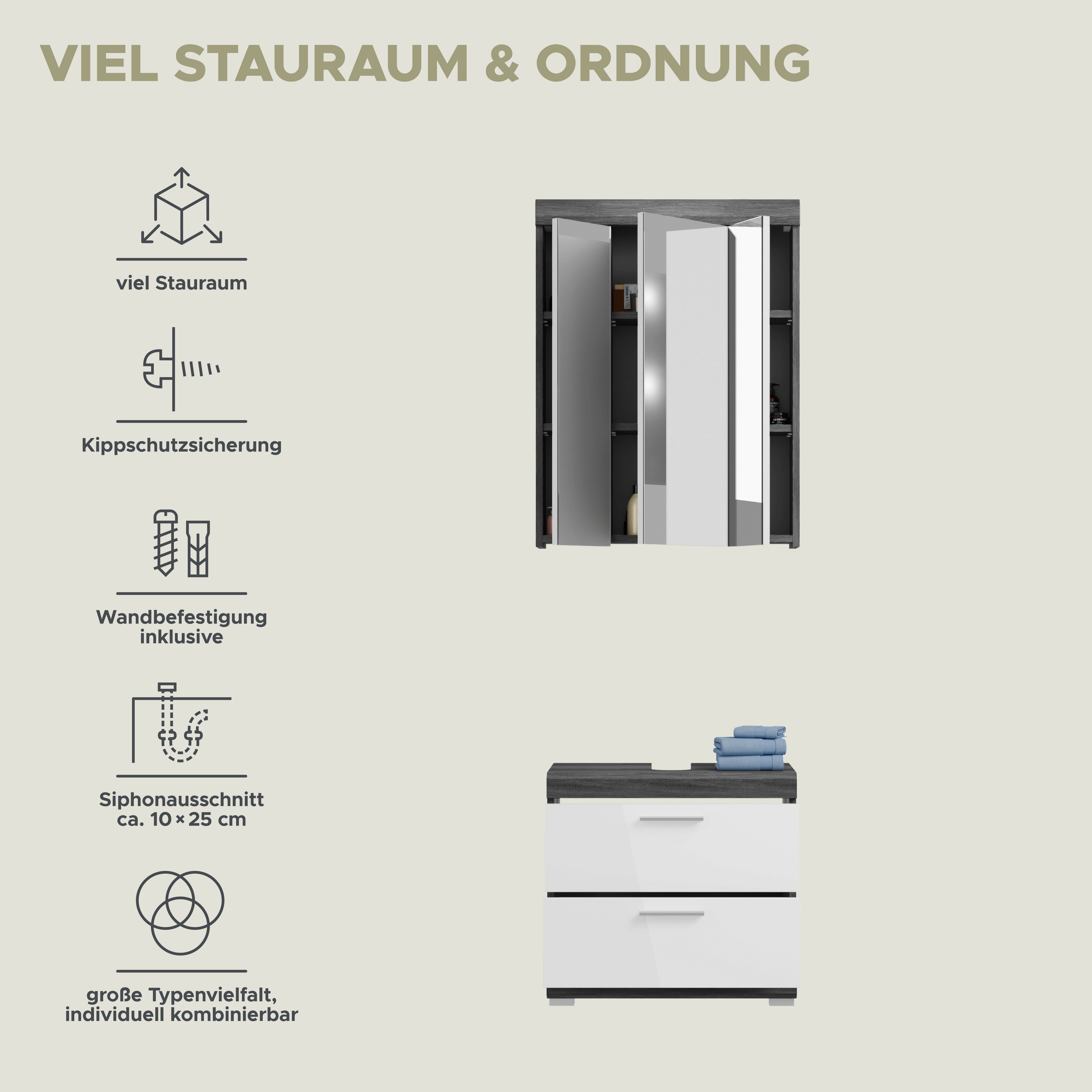 INOSIGN Badkamerserie Siena, 2-delig, bestaande uit: onderkast voor wastafel, spiegelkast in verschillende kleuren verkrijgbaar, badkamermeubels, combinatie, badkamer (set, 2-delig)
