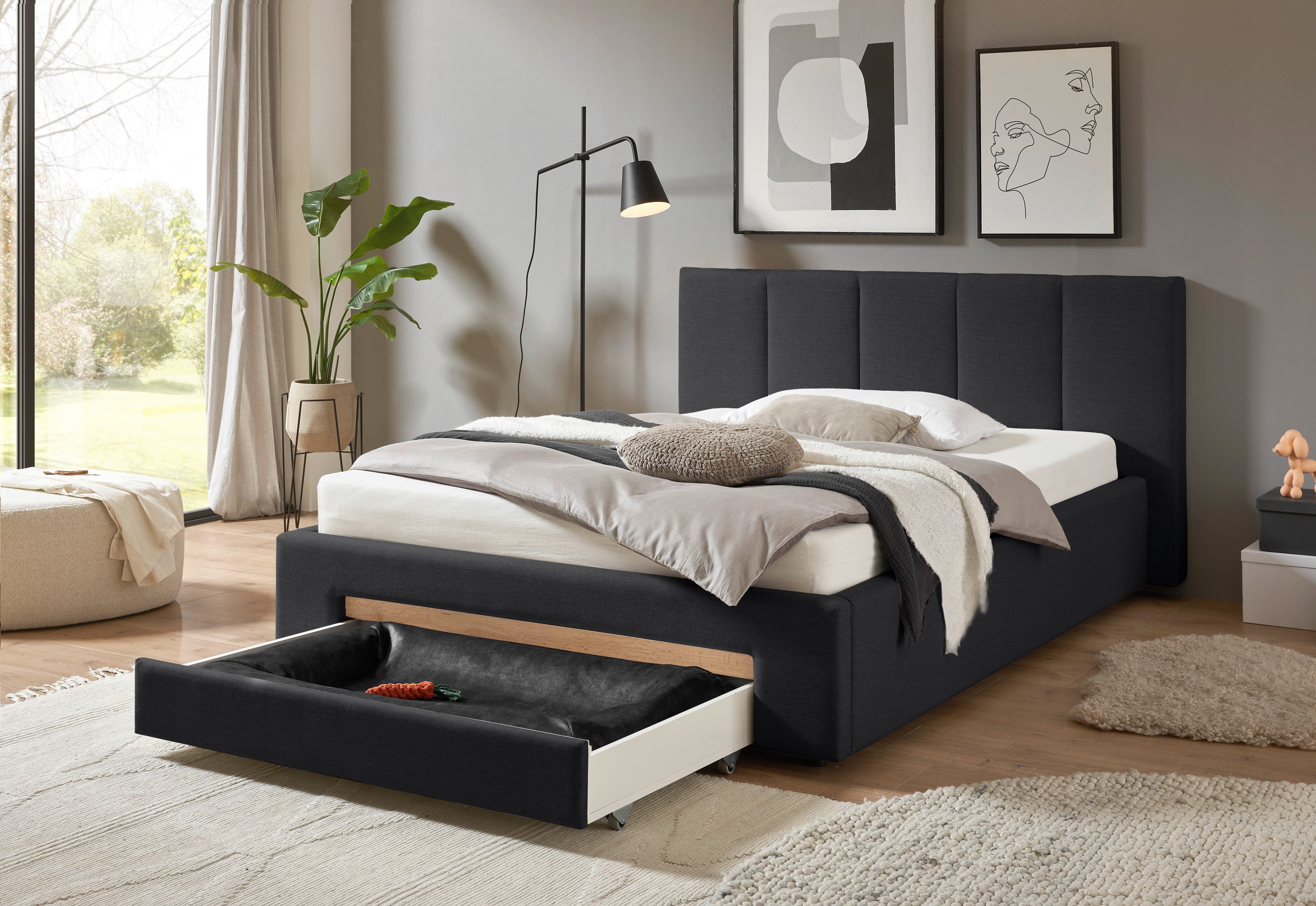 INOSIGN Gestoffeerd bed CiTY/GiRON, bedframe met bedlade, gestoffeerd opbergbed met hondenbed of opberglade, bekleding van corduroy of linnenlook