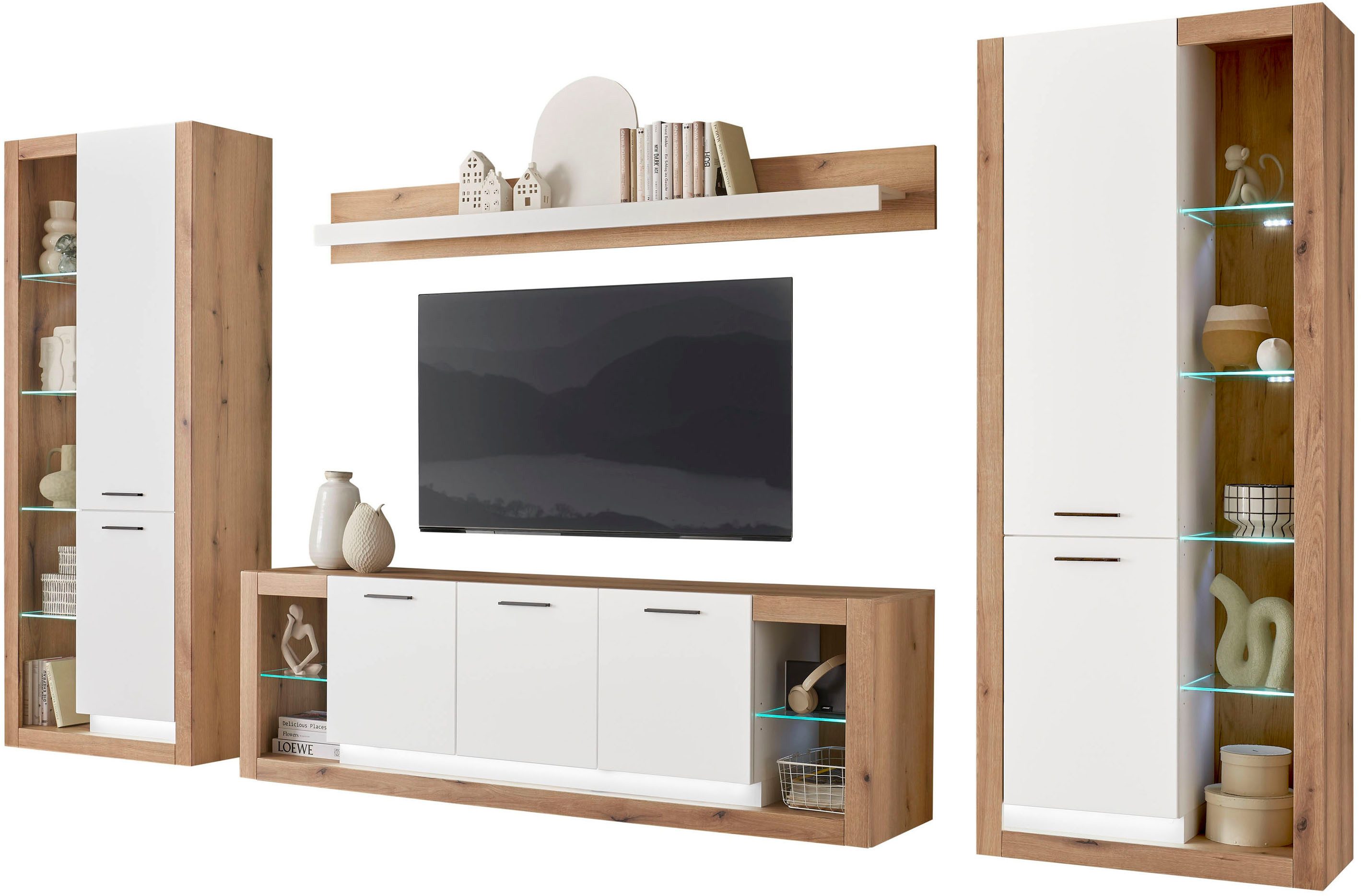 INOSIGN Wandmeubel Brixen, moderne opbouwwand, woonkamer set, eik Evoke decor met wit (set, 4-delig)