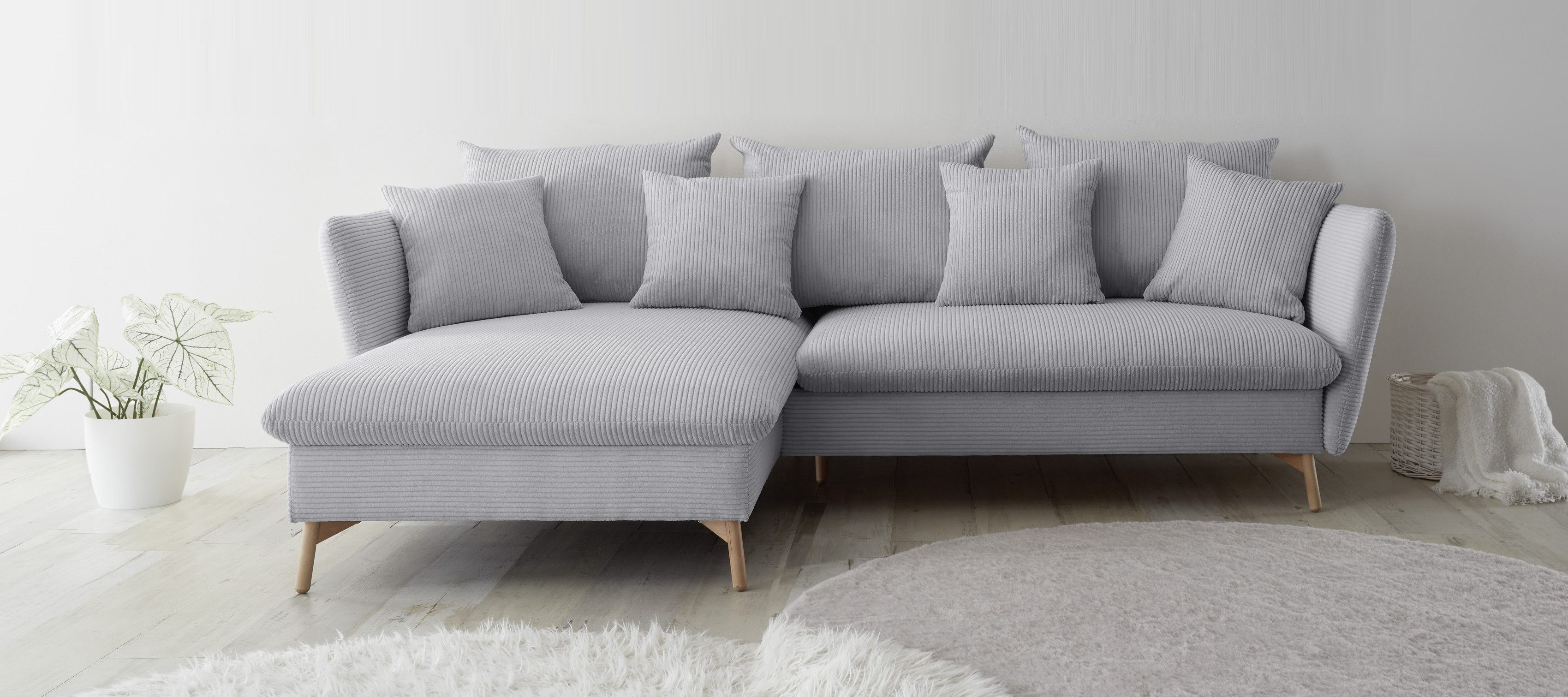 andas Hoekbank MERLE, 258 cm, L-vorm, prachtige corduroy, met slaapfunctie en bedlade, ligoppervlak 224 x 139 grijs, hoekbanken, Breedte ligoppervlak: