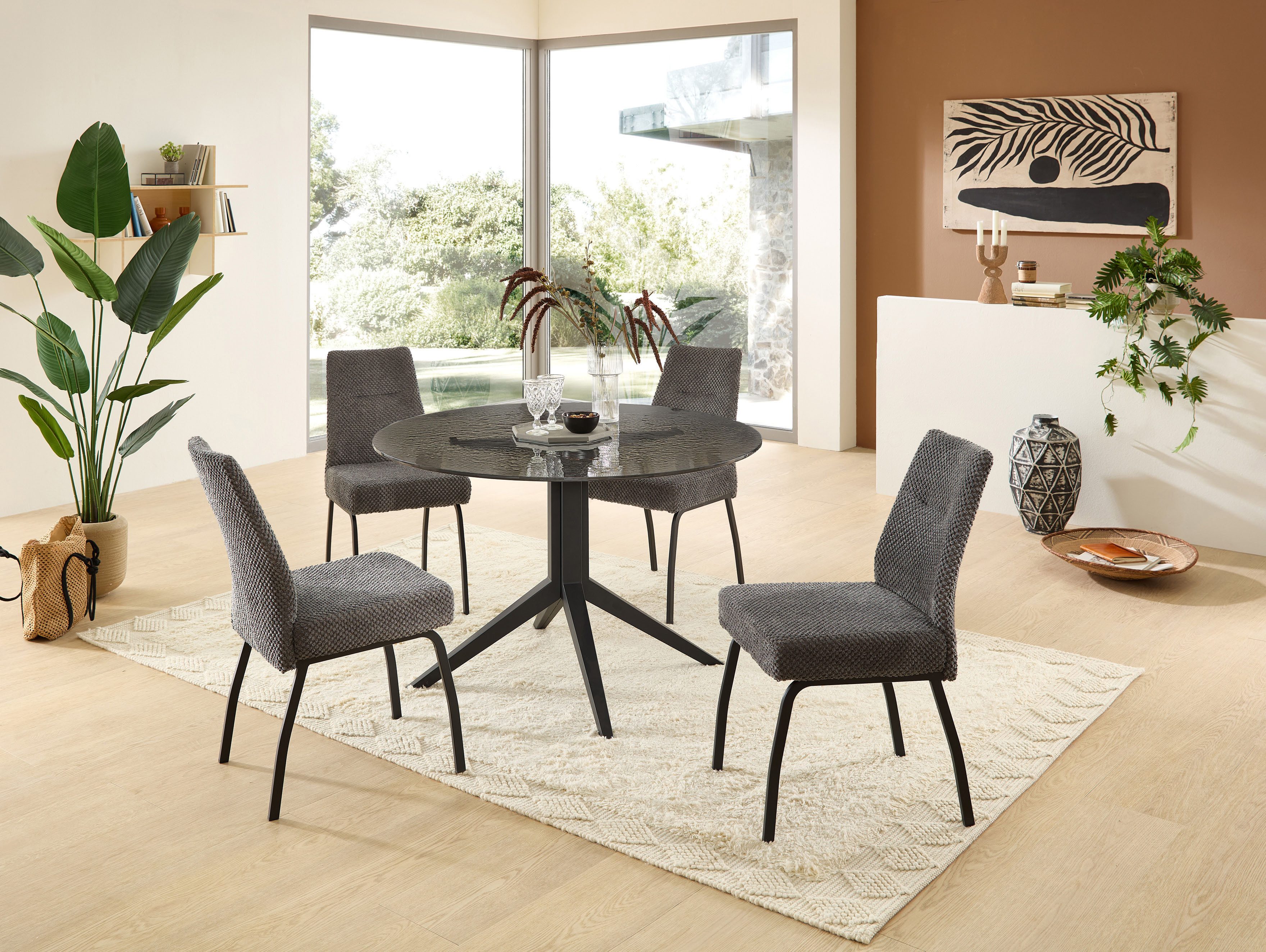 Stolkom Eettafel Leano ronde glazen tafel zwart, eettafel BxH 110x76 cm Veiligheidsglas breukveilig, water ripple effect zwart getint