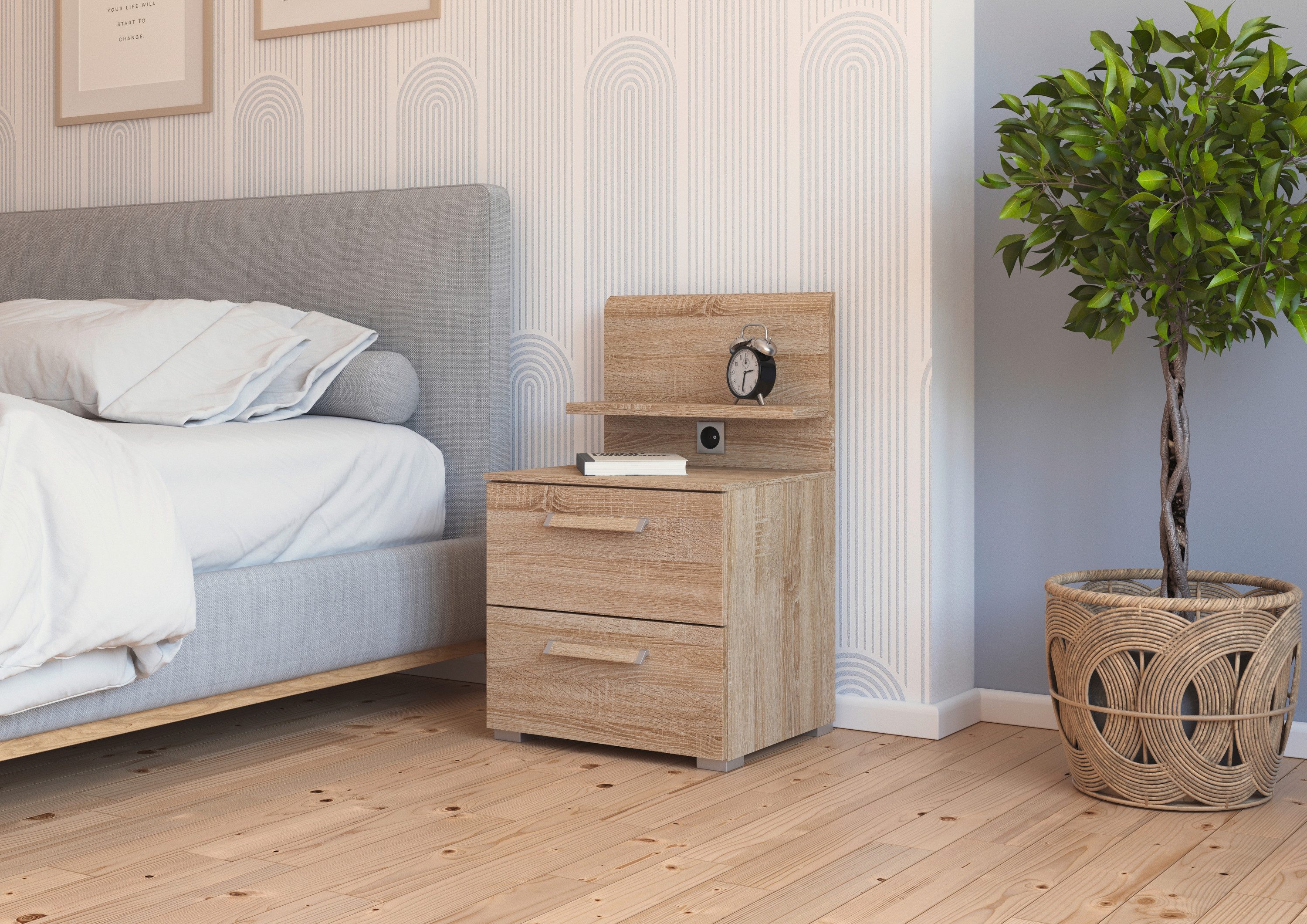 rauch Nachtkastje Nachtconsole Commode EVELYN in elegante stijl 2 ladenpaneel met stopcontact made in germany