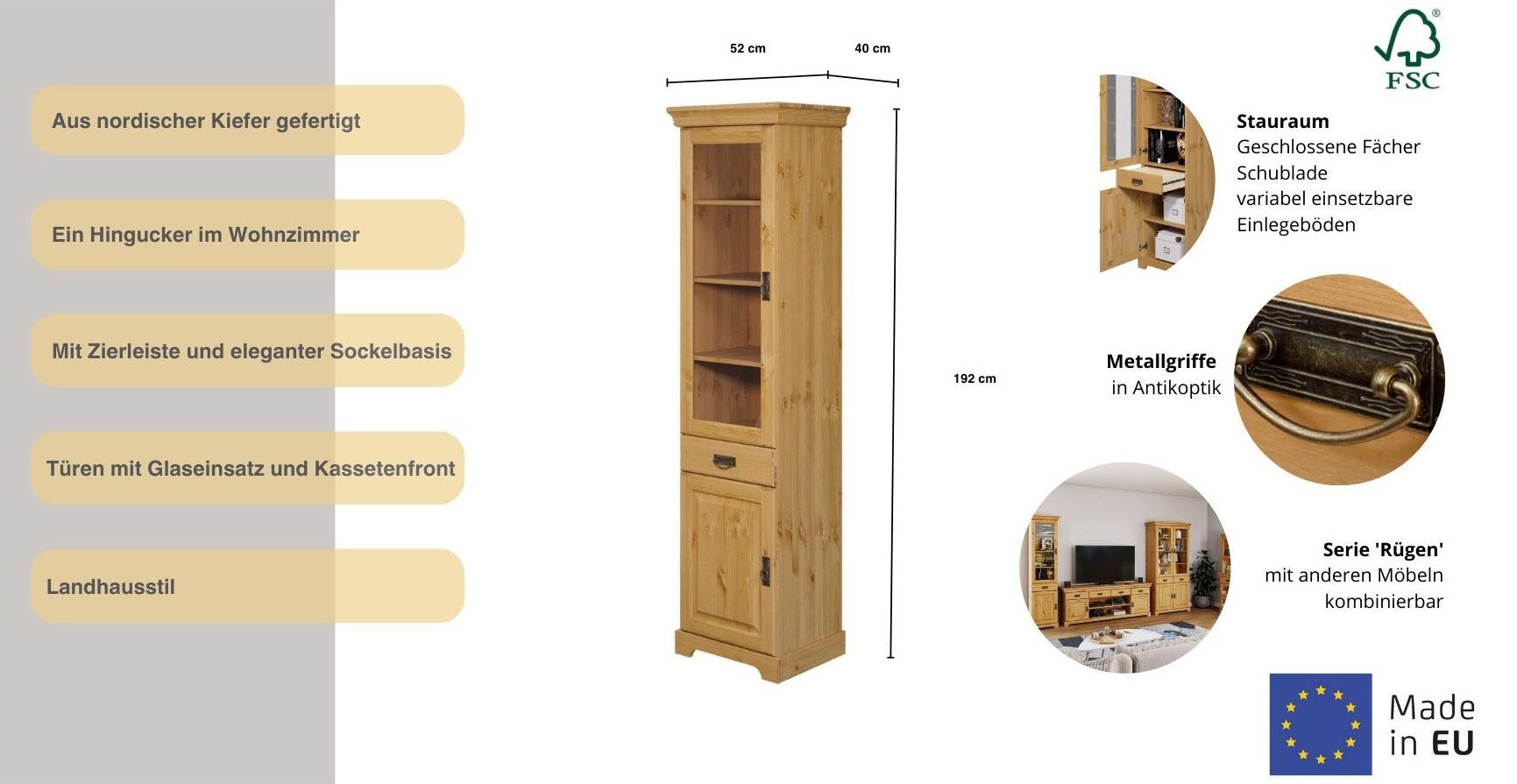 Home affaire Vitrinekast Rügen gecertificeerd massief hout, hoogte 192 cm, in landhuisstijl