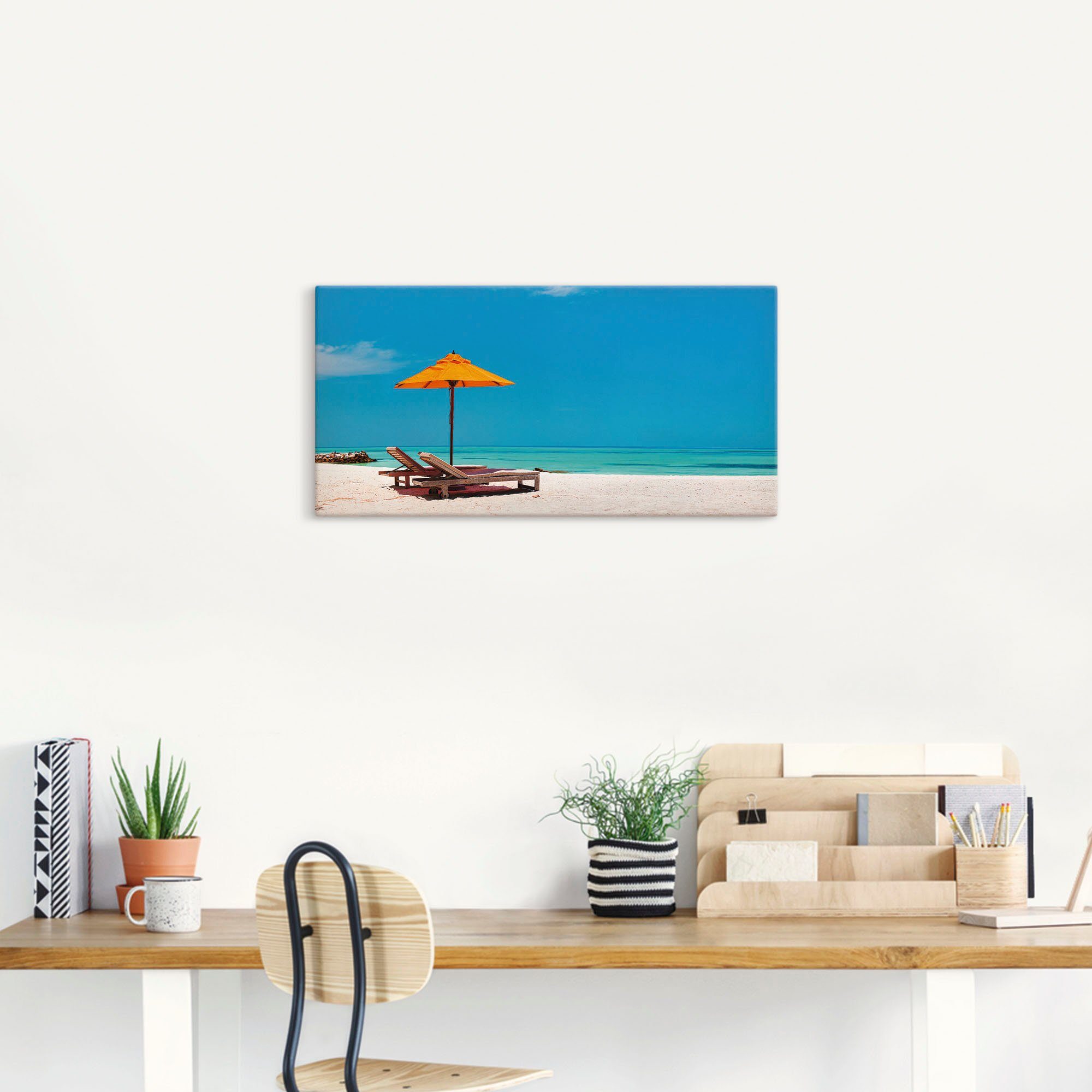 Artland Artprint Ligstoel parasol strand Malediven als artprint van aluminium, artprint voor buiten, artprint op linnen, poster, muursticker