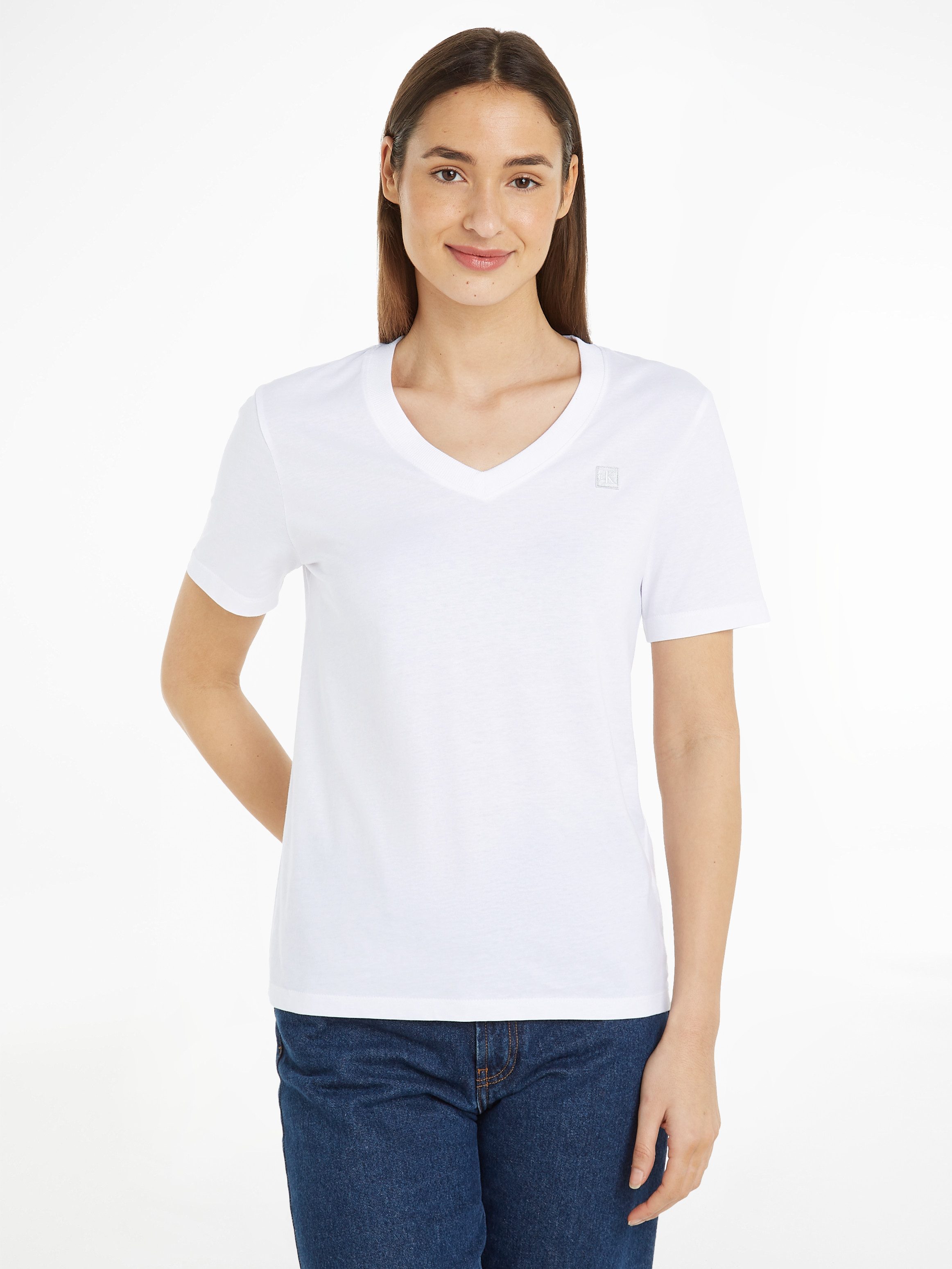 Calvin Klein T-shirt CK EMBRO BADGE V-NECK TEE dames t-shirts maat S (36) wit