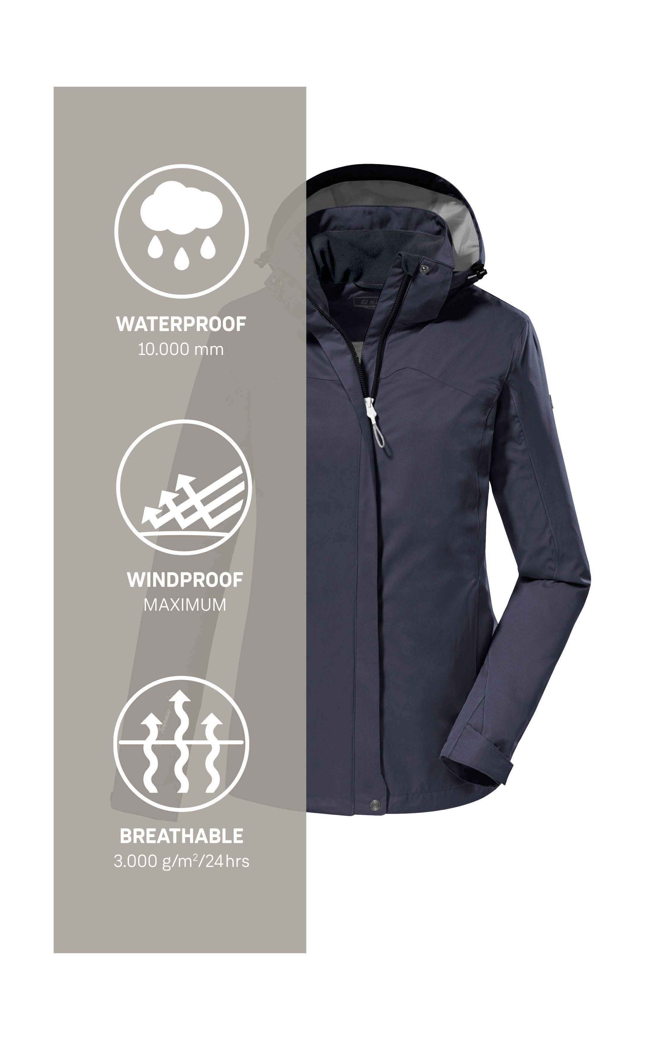 Killtec Outdoorjack KOS 133 WMN JCKT Water- en winddichte damesjack met afneembare capuchon, PFAS-vrij