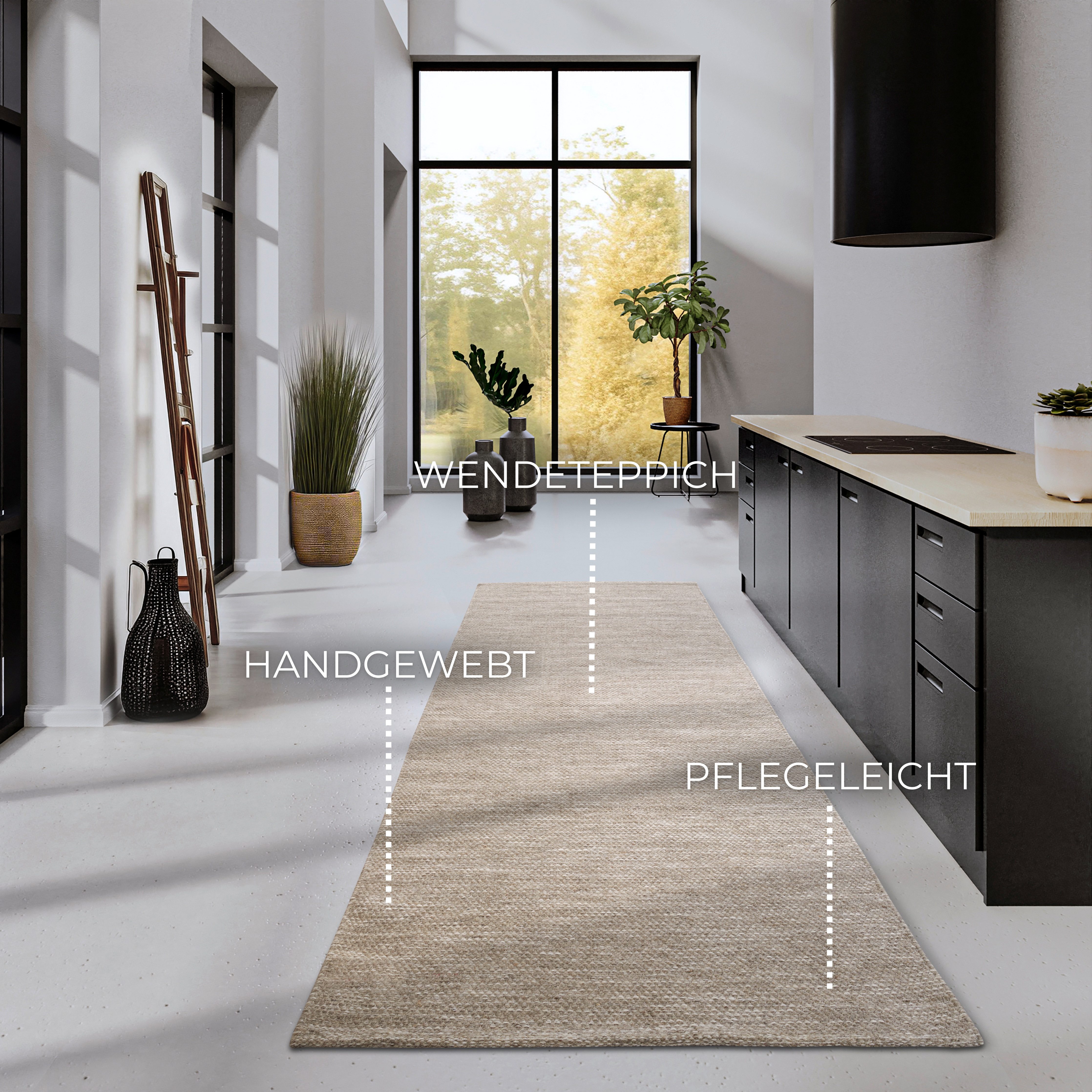 ELLE DECORATION Wollen kleed Pradesh Handgeweven, wol, natuur, loper, woonkamer, slaapkamer, Scandi